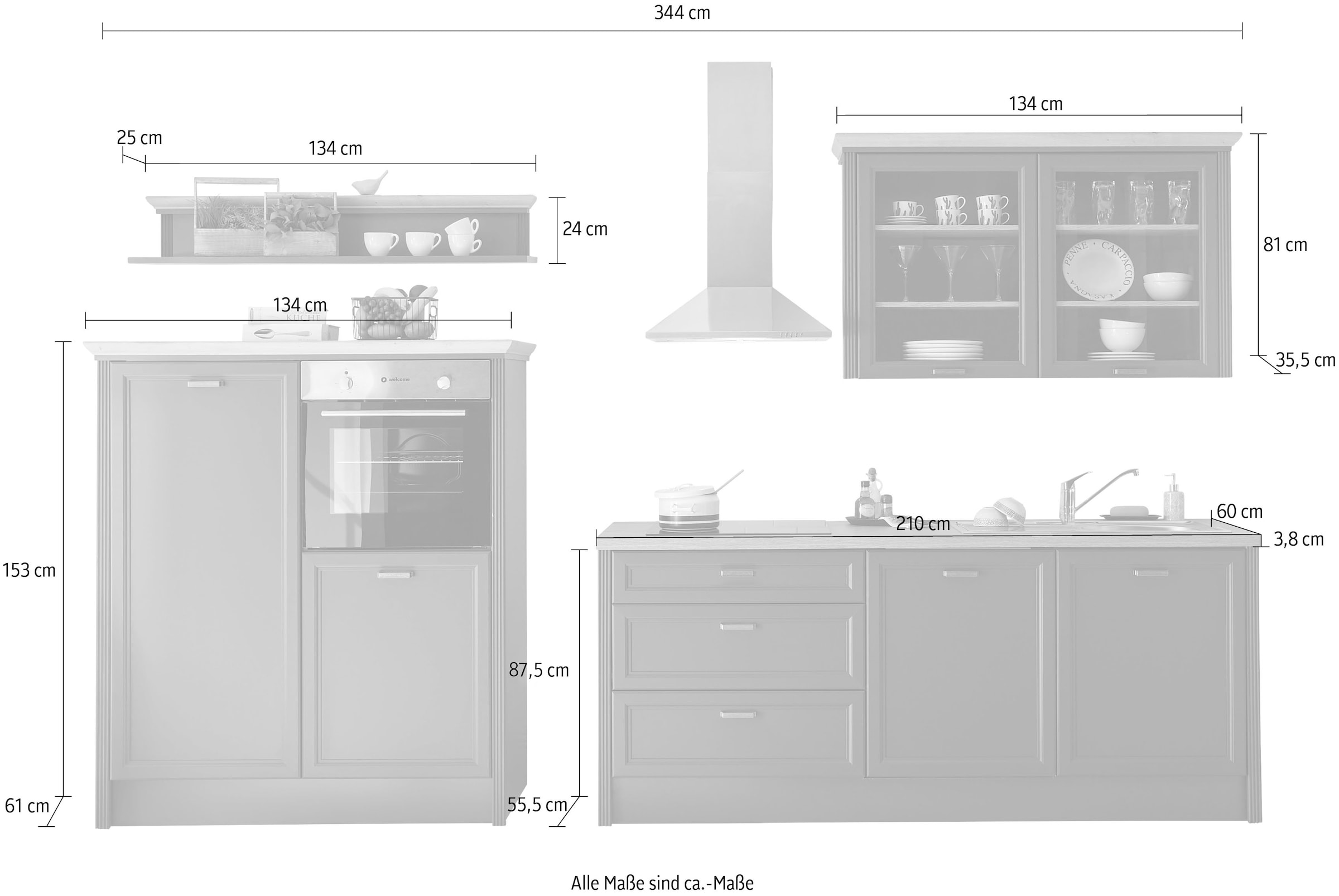 KOCHSTATION Küche »Jasmin«, 344 cm,breit, wahlweise mit oder ohne E-Geräte