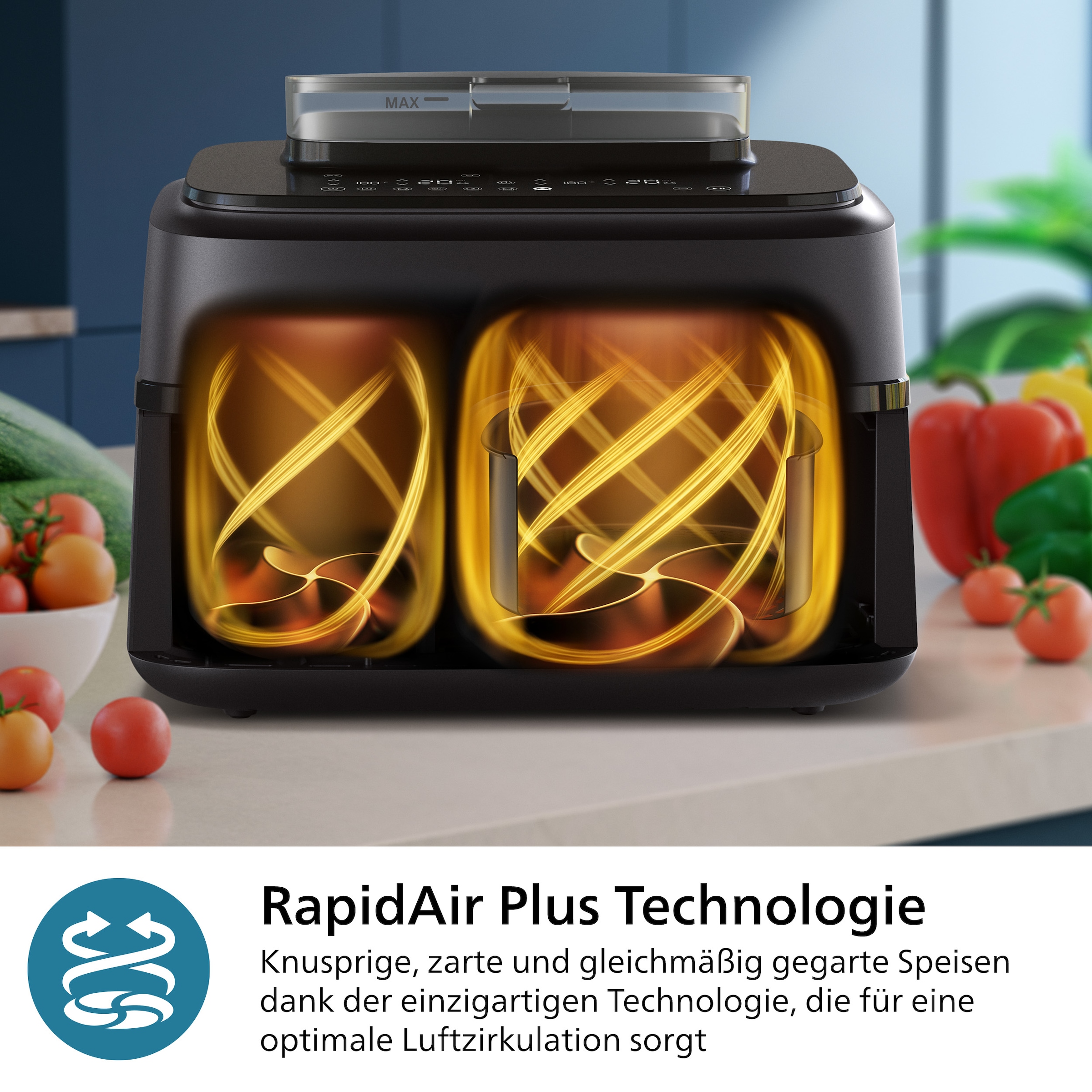 Philips Heißluftfritteuse »Steam Airfryer 5000 Dual Basket NA552/00, Airfryen & Dampfgaren, 3L+6L«, 2750 W, RapidAir Plus Technologie und 19 Kochfunktionen; Edelstahl/Kupfer