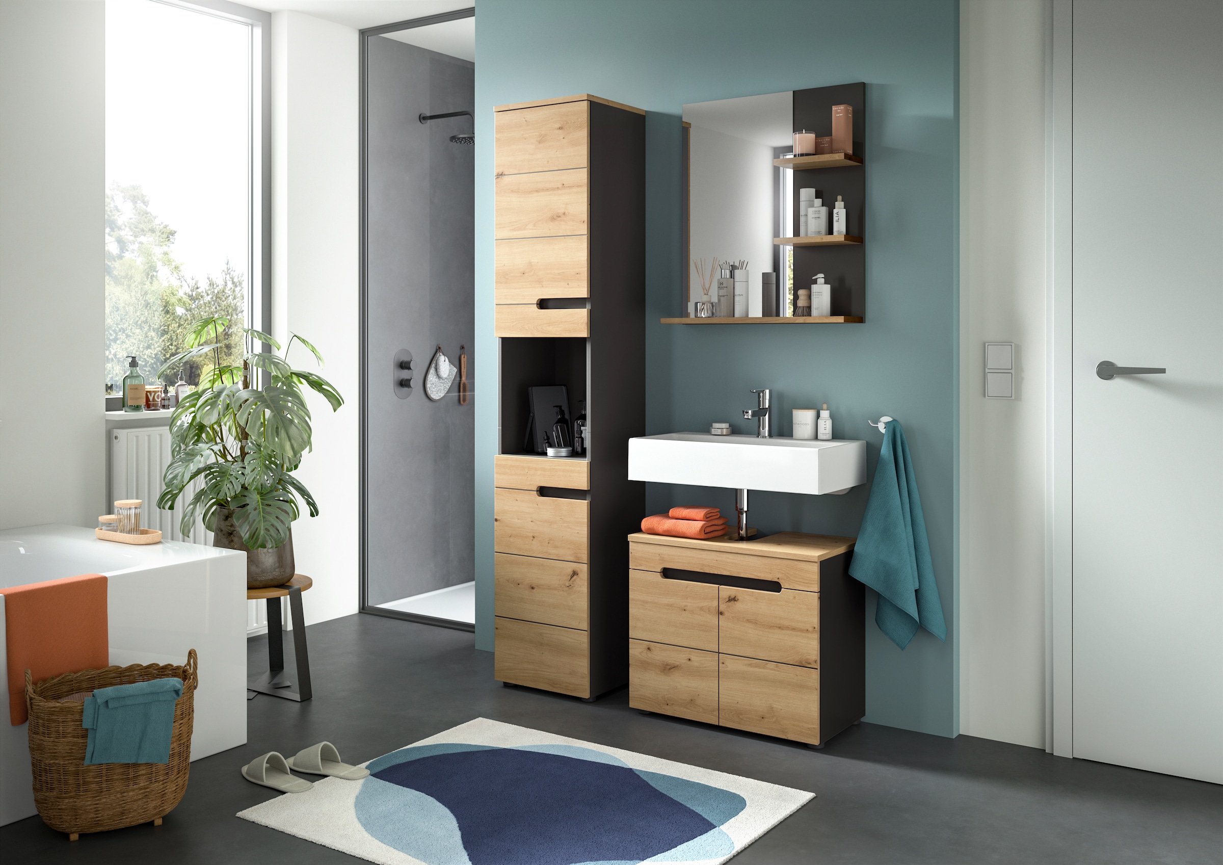 INOSIGN Badmöbel-Set »REHAT, 3-teilig, Breite 133 cm, mit grifflosen Fronten, bestehend aus:«, (3 St.), 1x Hochschrank, 1x Waschbeckenunterschrank & 1x Spiegelschrank