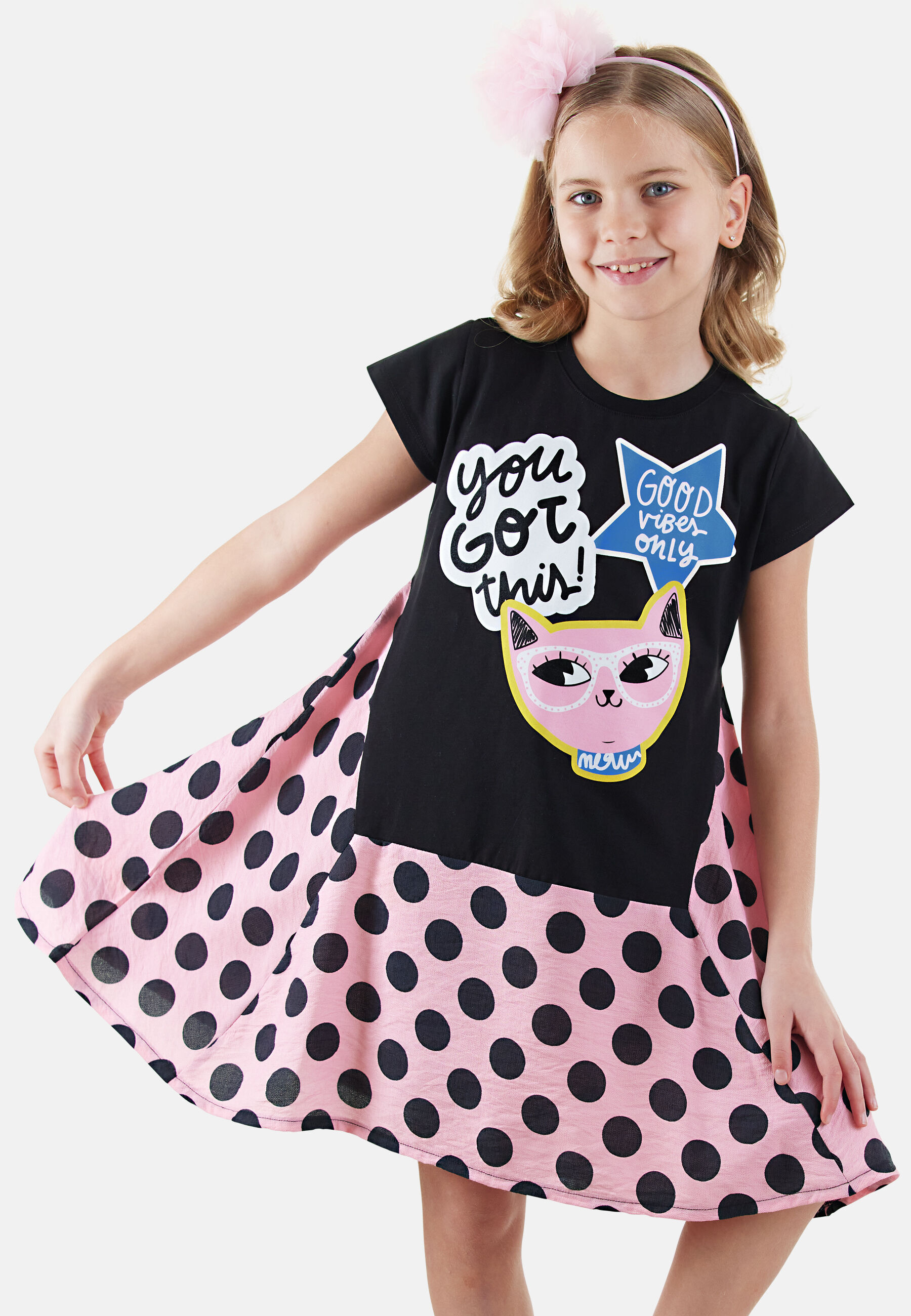 DENOKIDS Mädchen Sommerkleid "Cool Kitty", schwarz, Gr. 140, gepunktet, Jersey, 100% Baumwolle, Kleider, mit Kätzchen-Design