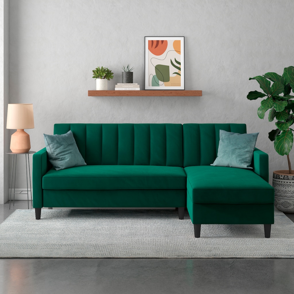 Dorel Home Ecksofa mit Schlafffunktion, Recamiere mit Stauraum beidseitig montierbar, Rückenlehne 2-teilig und 3-fach verstellbar