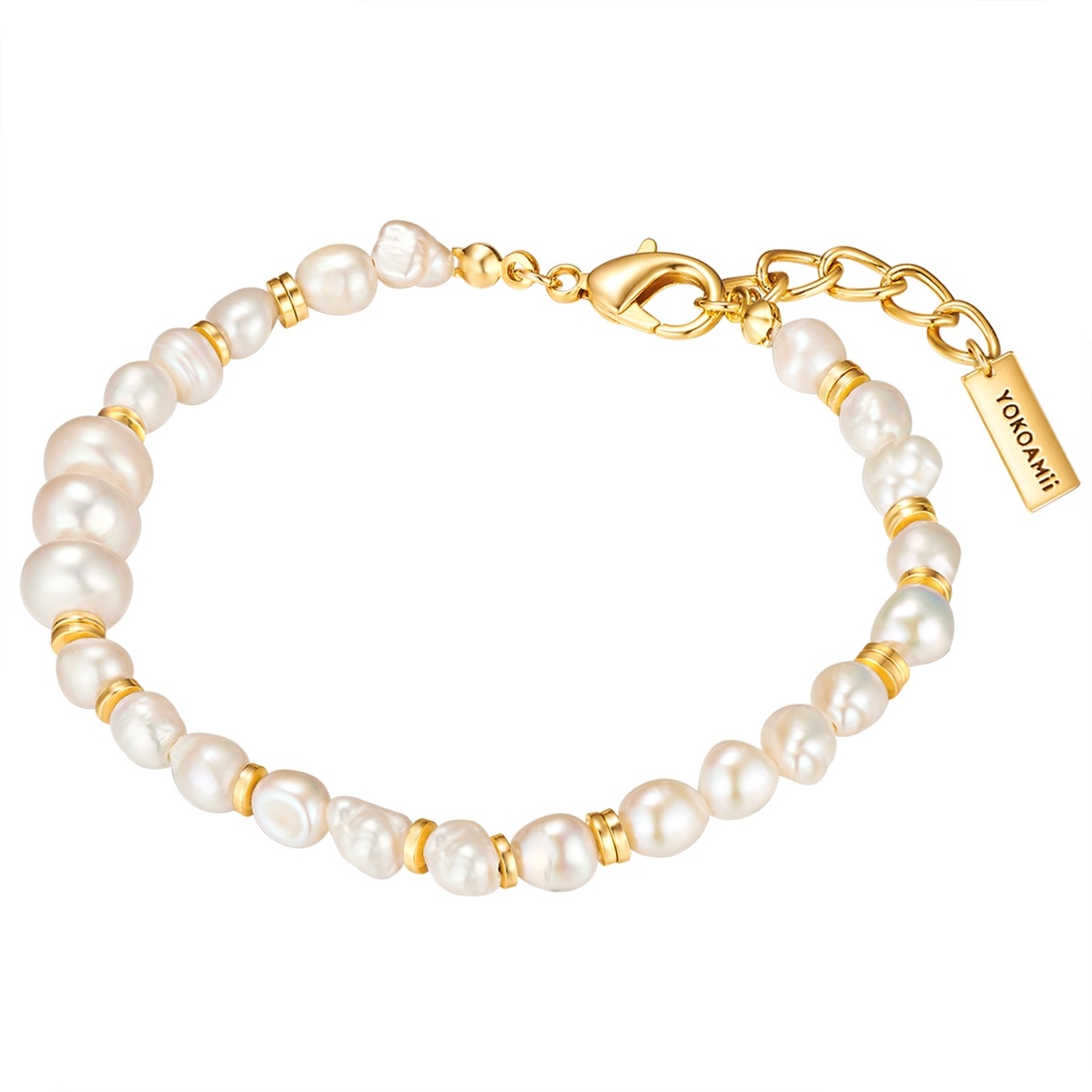 Perlenarmband YOKOAMII "Y97", gelb (gelbgold), Armbänder, Damen, Metall, Perlenarmband, mit Perle