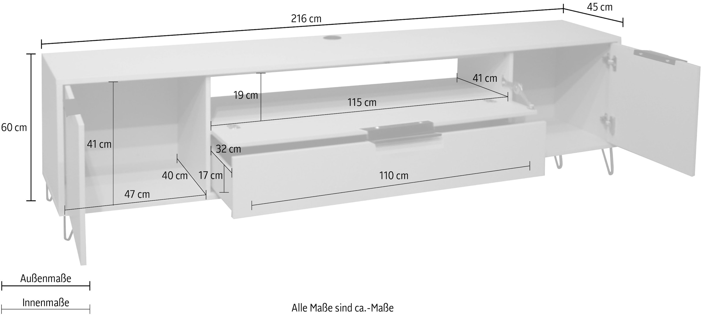 Mäusbacher Lowboard »Bonnie«, Breite | 216 bestellen mit Drahtgestell BAUR cm