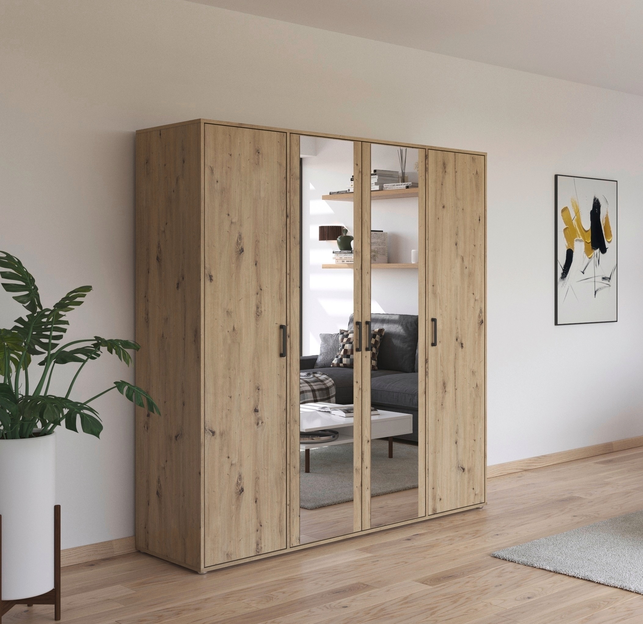 rauch Drehtürenschrank »Kleiderschrank Schrank Garderobe Wäscheschrank VOYAGER«, (in 3 verschiedenen Ausstattungen BASIC/CLASSIC/PREMIUM), mit modernen Griffen in Graumetallic und Spiegel