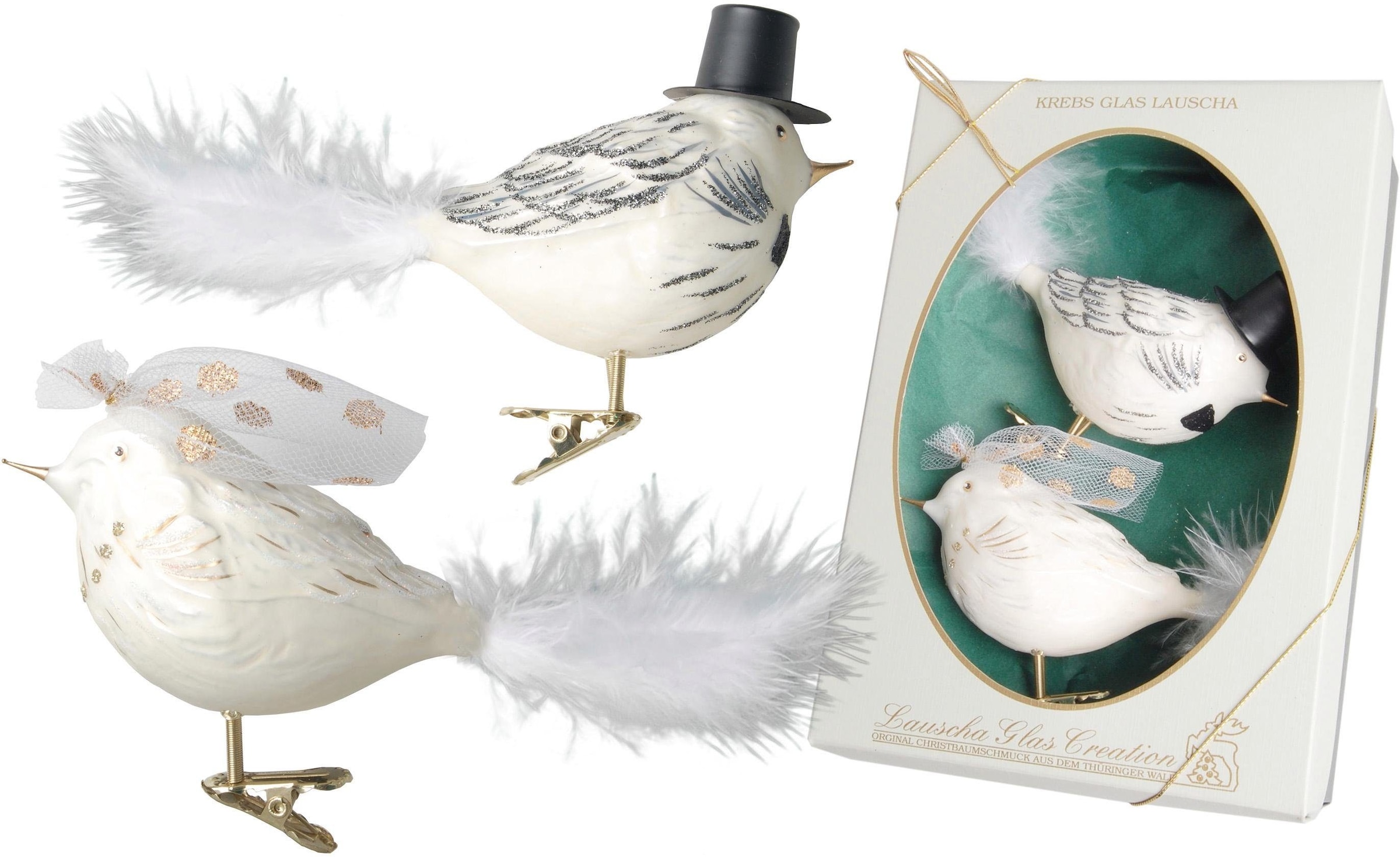 Krebs Glas Lauscha Weihnachtsbaumklammer »Vogel Brautpaar, Weihnachtsdeko, Christbaumschmuck«, (Set, 2 tlg.), mundgeblasen