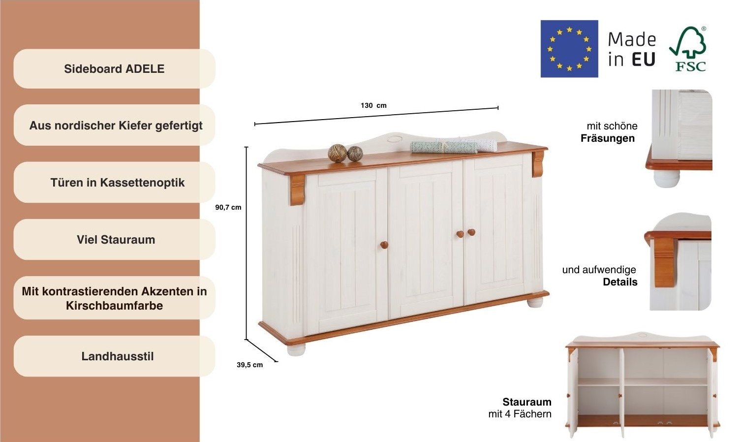 Home affaire Sideboard »Adele«, Kommode, 3-türig, Breite 130 cm, aus massiver Kiefer, FSC®
