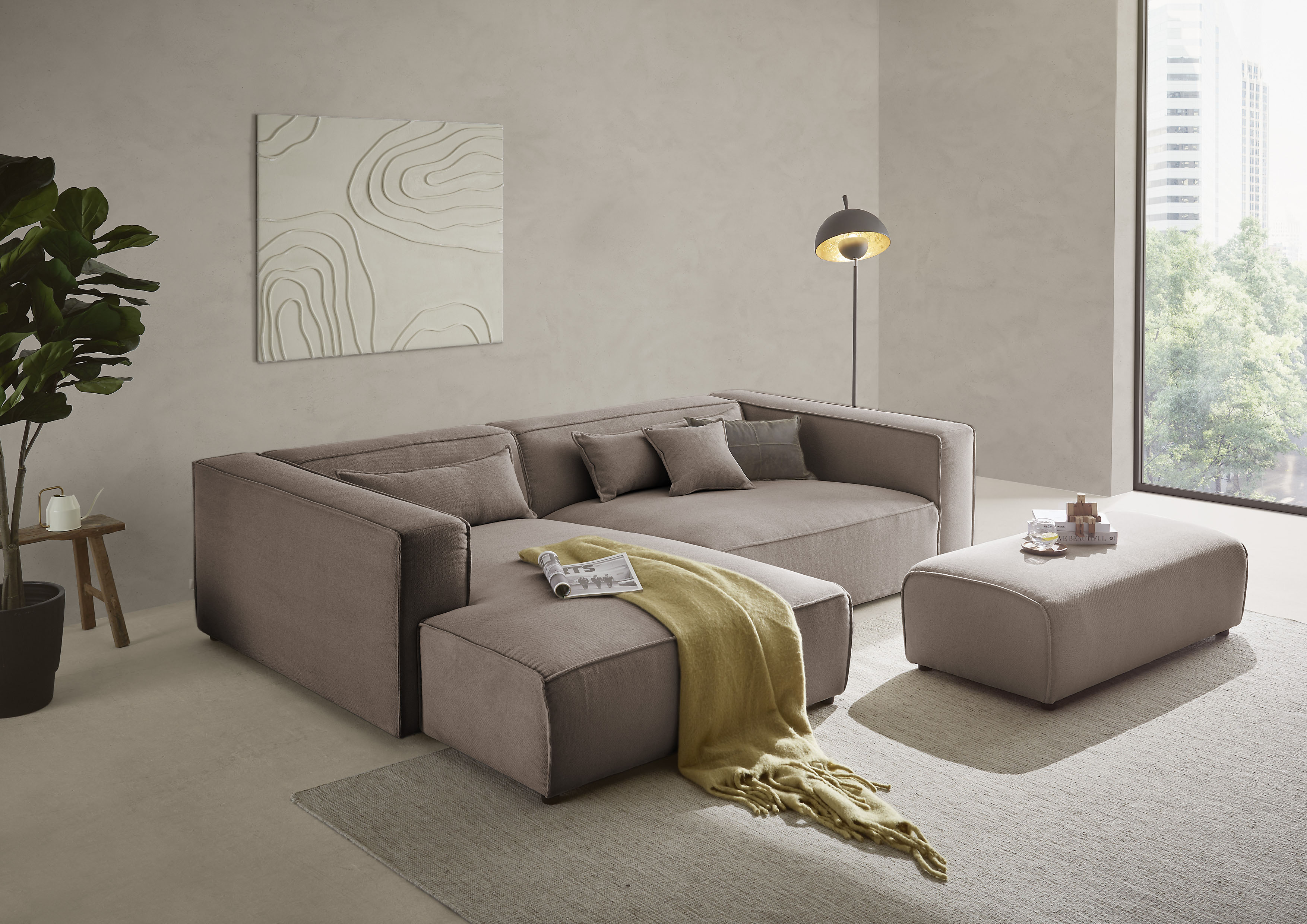 LeGer Home by Lena Gercke Ecksofa "PIARA XXL Struktur u. Leinenoptik, L-Form, Schlaffunktion" Hocker stellbar zum Schlafsofa (Krokodilverbinder), tiefe Sitzfläche
