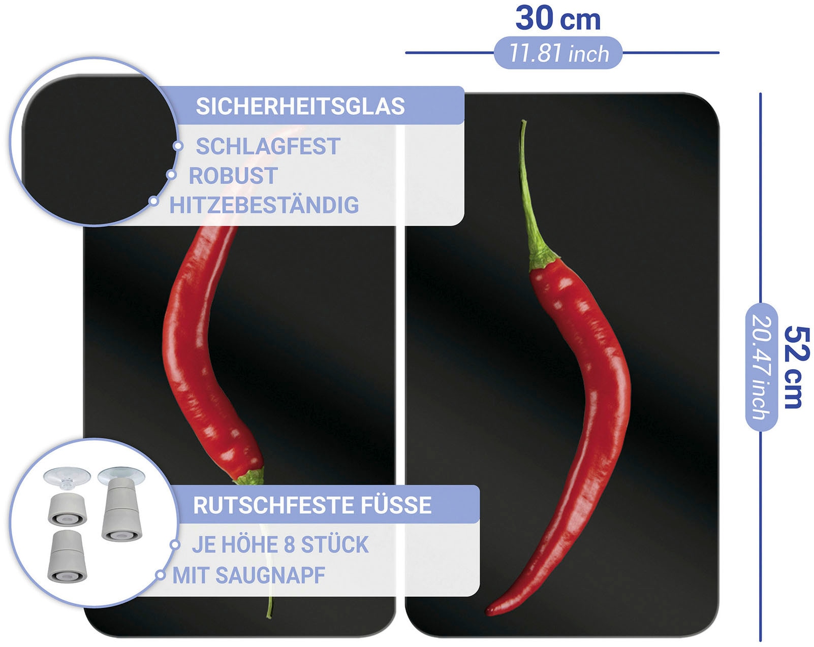 WENKO Herd-Abdeckplatte »Universal Modell Hot Peperoni«, (Set, 2 tlg.), Herdabdeckung für alle Herdarten, kratzfest, mit rutschfesten Füßen