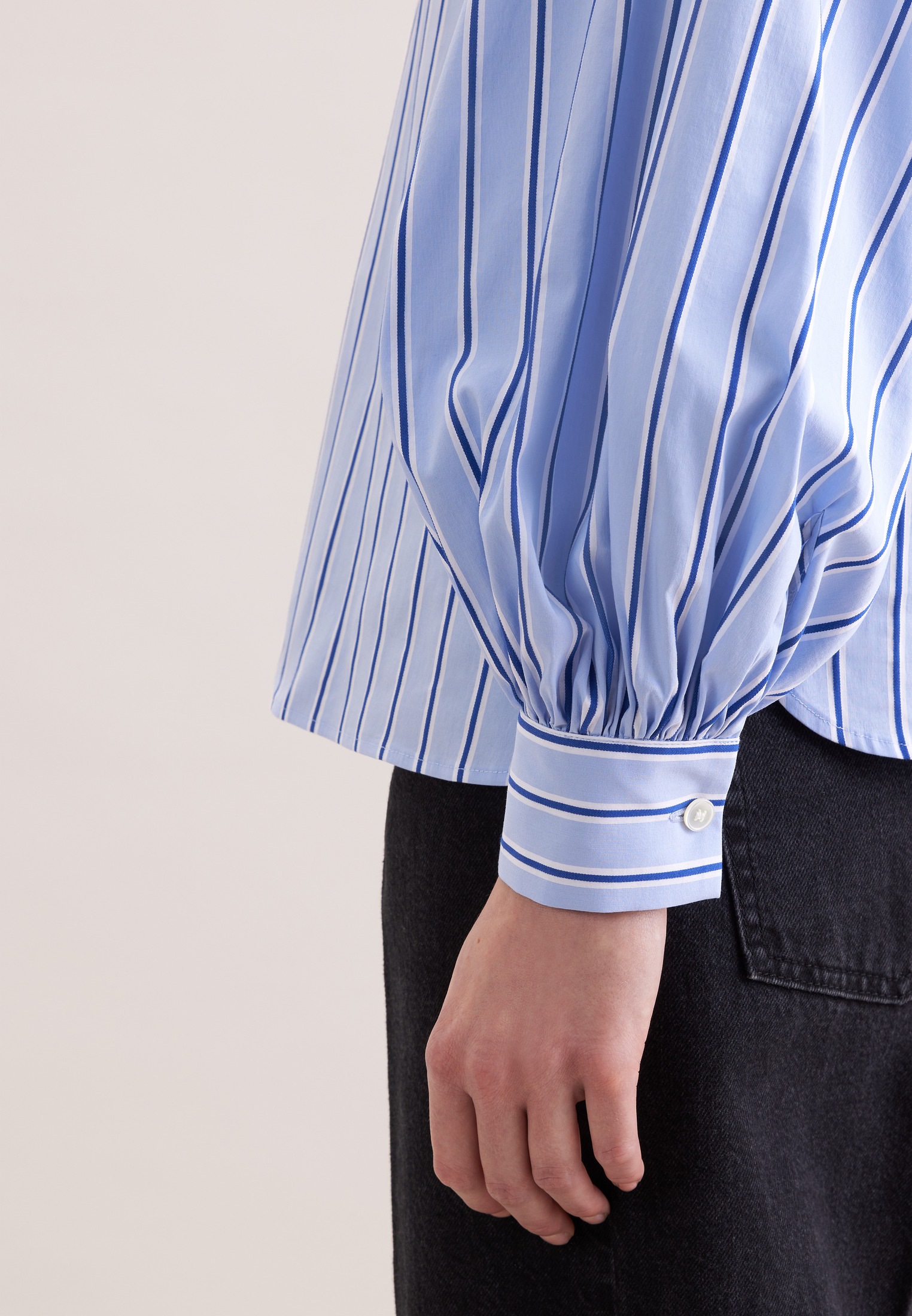 Schluppenbluse SEIDENSTICKER, Damen, Gr. XXL (44), hellblau, 73% Baumwolle, 23% Polyamid, 4% Elasthan, gestreift, regular fit, Blusen Schluppenbluse, 1/1 Binderkragen Gestreift 3
