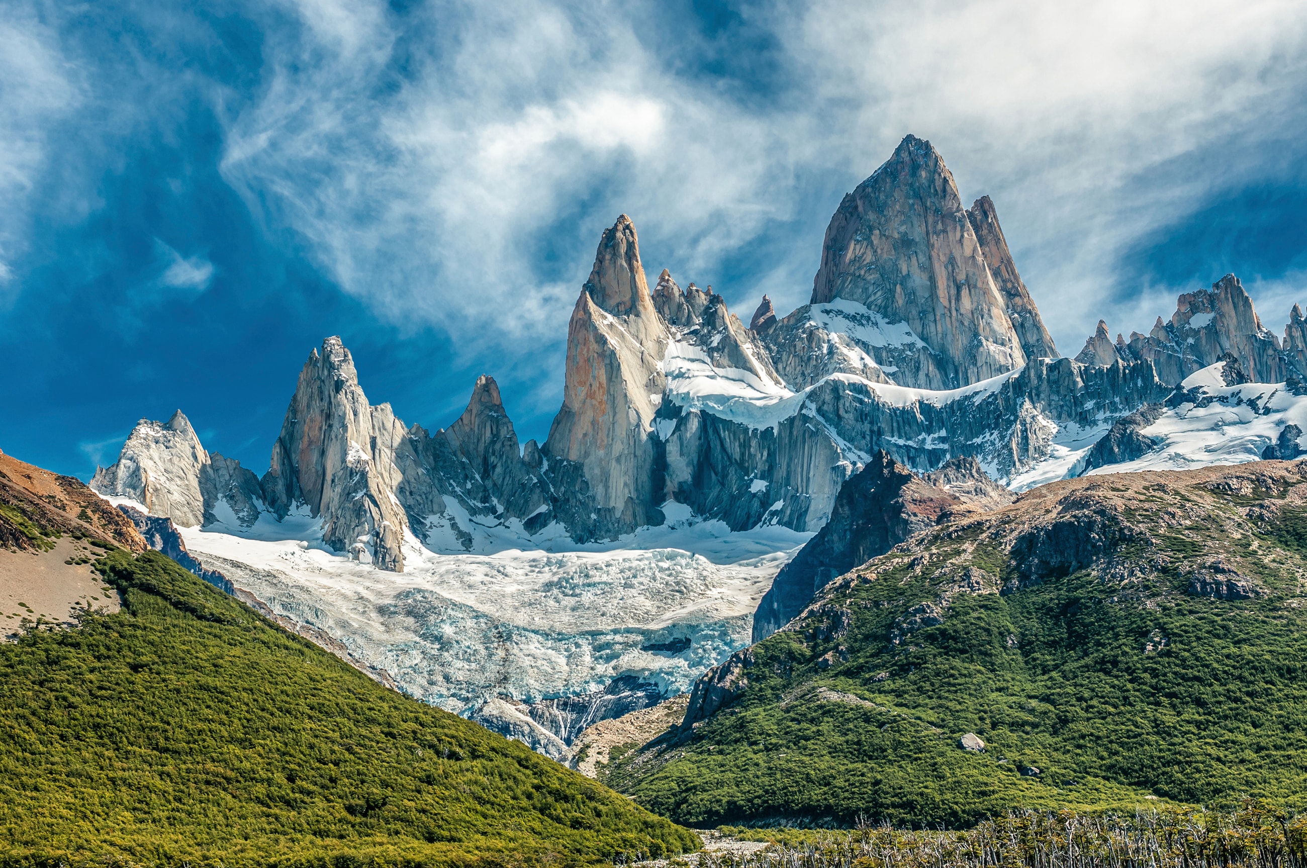 Papermoon Fototapete "GEBIRGE-PATAGONIEN BLUMEN BERGE WIESE SONNE WALD FLUSS"
