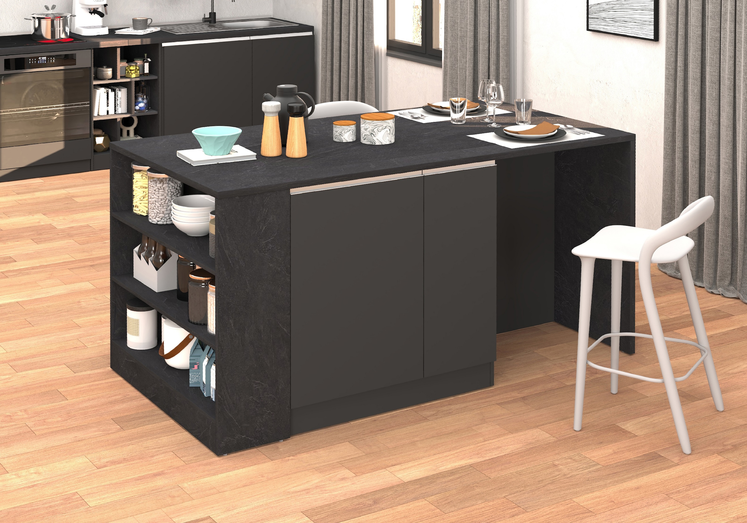 KOCHSTATION Kücheninsel »KS-Sole, Kochinsel, Küchenarbeitsblock, Arbeitsinsel, Made in Italy« Breite 167,5 cm, 2 Apothekerauszüge, 2 Essplätze, 1 offenes Regal