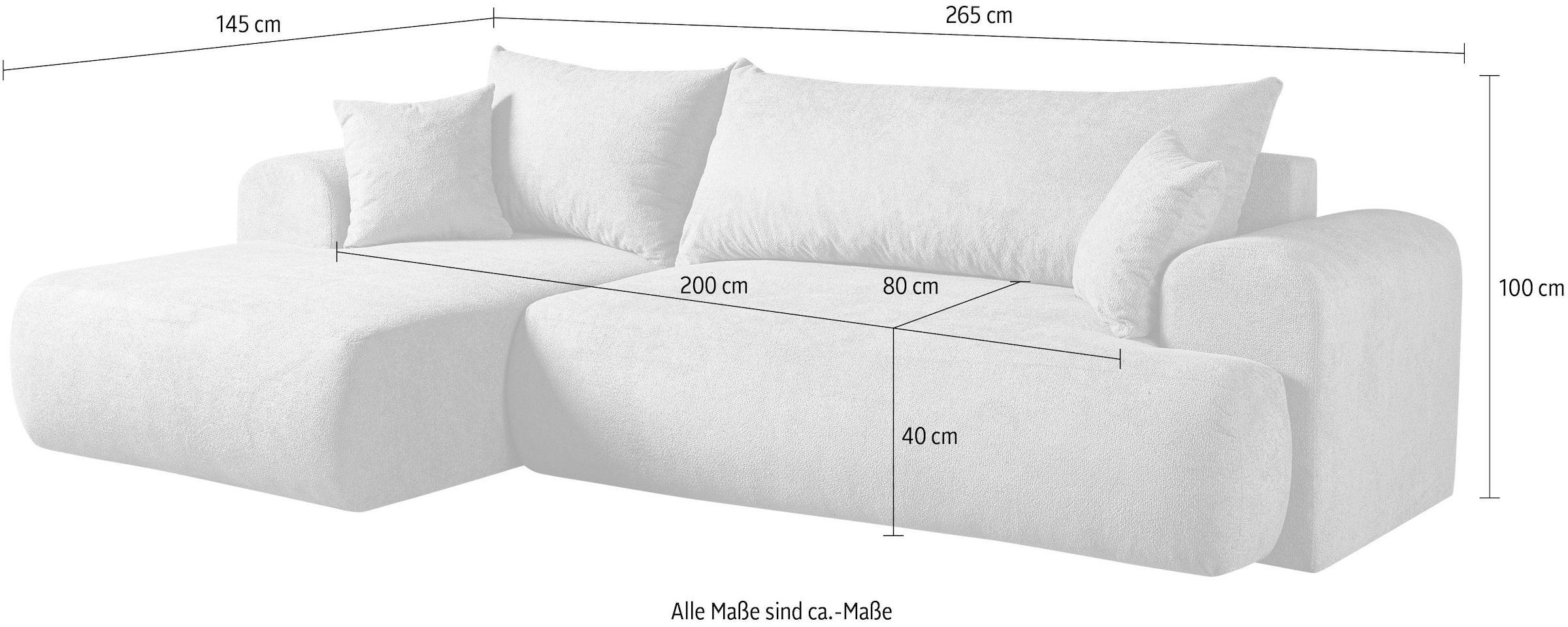 WERK2 Ecksofa »Ewela 265 cm breit organisches Design & Komfort, mit Bett & Bettkasten« Bouclé, L-Form, Schlaffunktion, Bettkasten