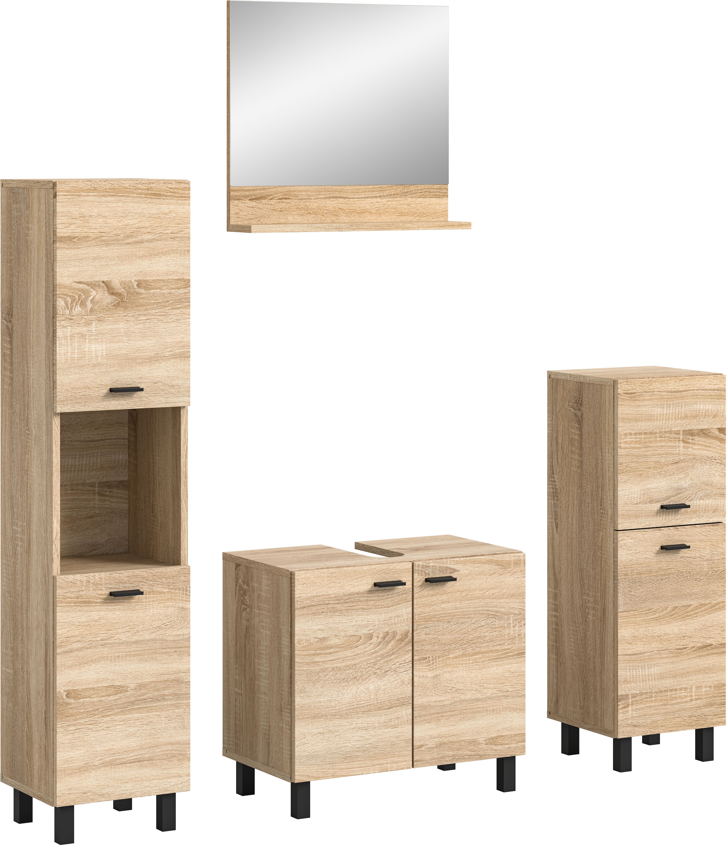 welltime Badmöbel-Set »Tampa, Breite 137cm, 4-teilig«, (4 St.), Waschbeckenunterschrank, Spiegel, Hochschrank, Midischrank