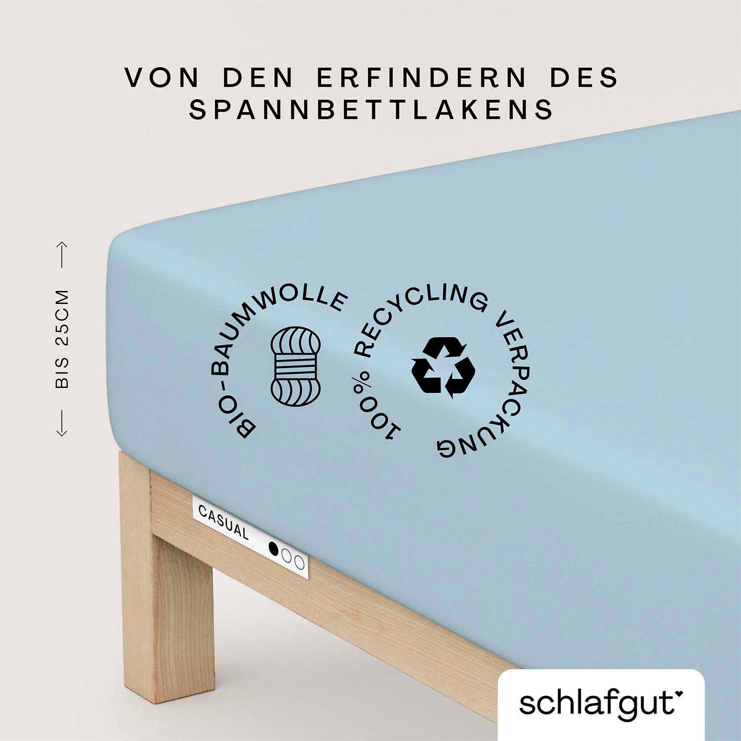 Schlafgut Spannbettlaken "CASUAL Bettlaken 100% gekämmte Bio-Baumwolle, 150 g/m², Spannbetttuch" Bettlaken bis 25 cm Höhe, langlebig, weich, Antipilling-Ausrüstung