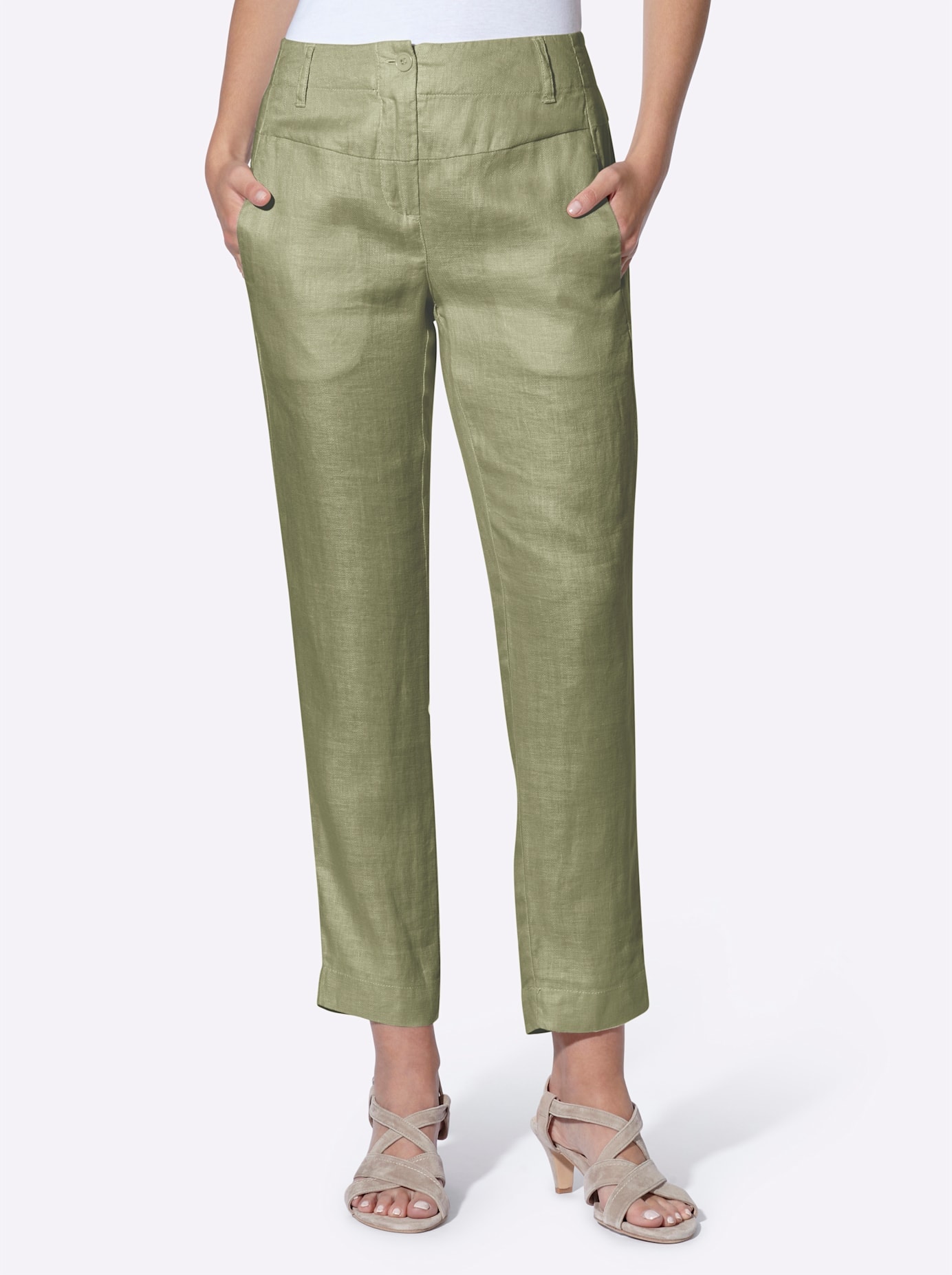 Leinenhose HEINE, Damen, Gr. 38, Normalgrößen, oliv, 100% Leinen, unifarben, lang, Hosen