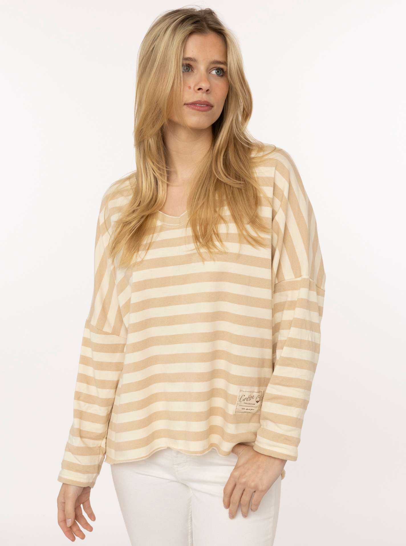 Zwillingsherz T-Shirt ""Streifen & Jersey"" Streifenmuster, V-Neck, offene Kanten für Used Look
