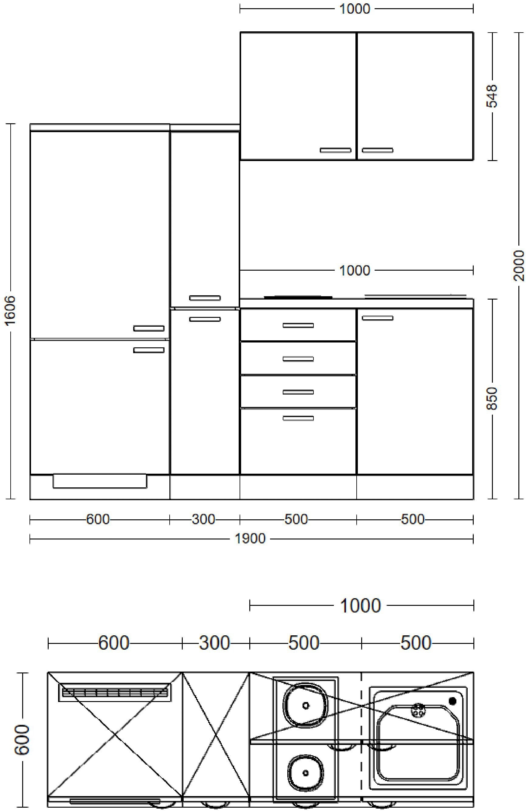 Flex-Well Küche »Wito«, Gesamtbreite 190 cm, mit Apothekerschrank, mit Einbau-Kühlschrank etc.