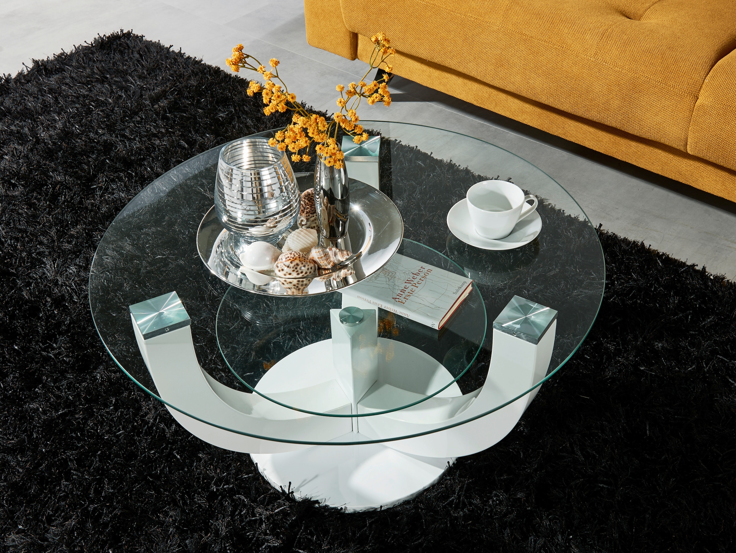 HBZ Couchtisch »Denver, TOPSELLER!«, (Couchtisch), rund mit Glas, Tisch -Gestell weiß hochglanz