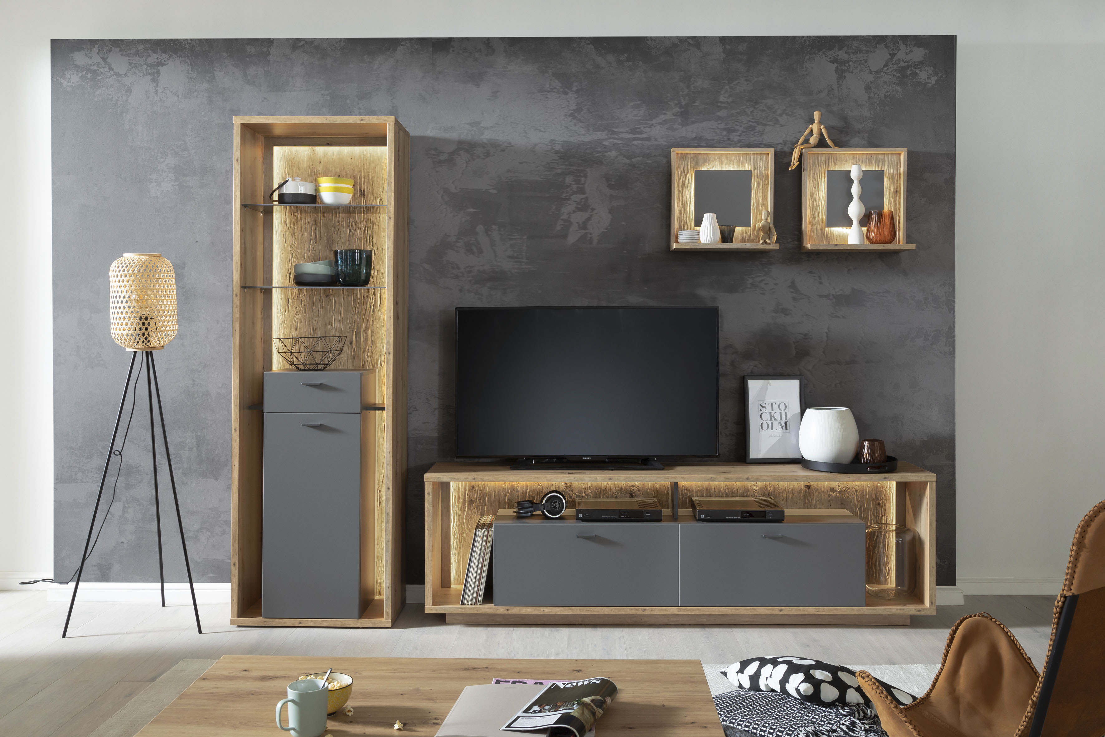 MCA furniture Wohnwand Lizzano, (Set, 4 St.), im modernen Landhausstil mit 3-D Rückwand, wahlweise mit Beleuchtung