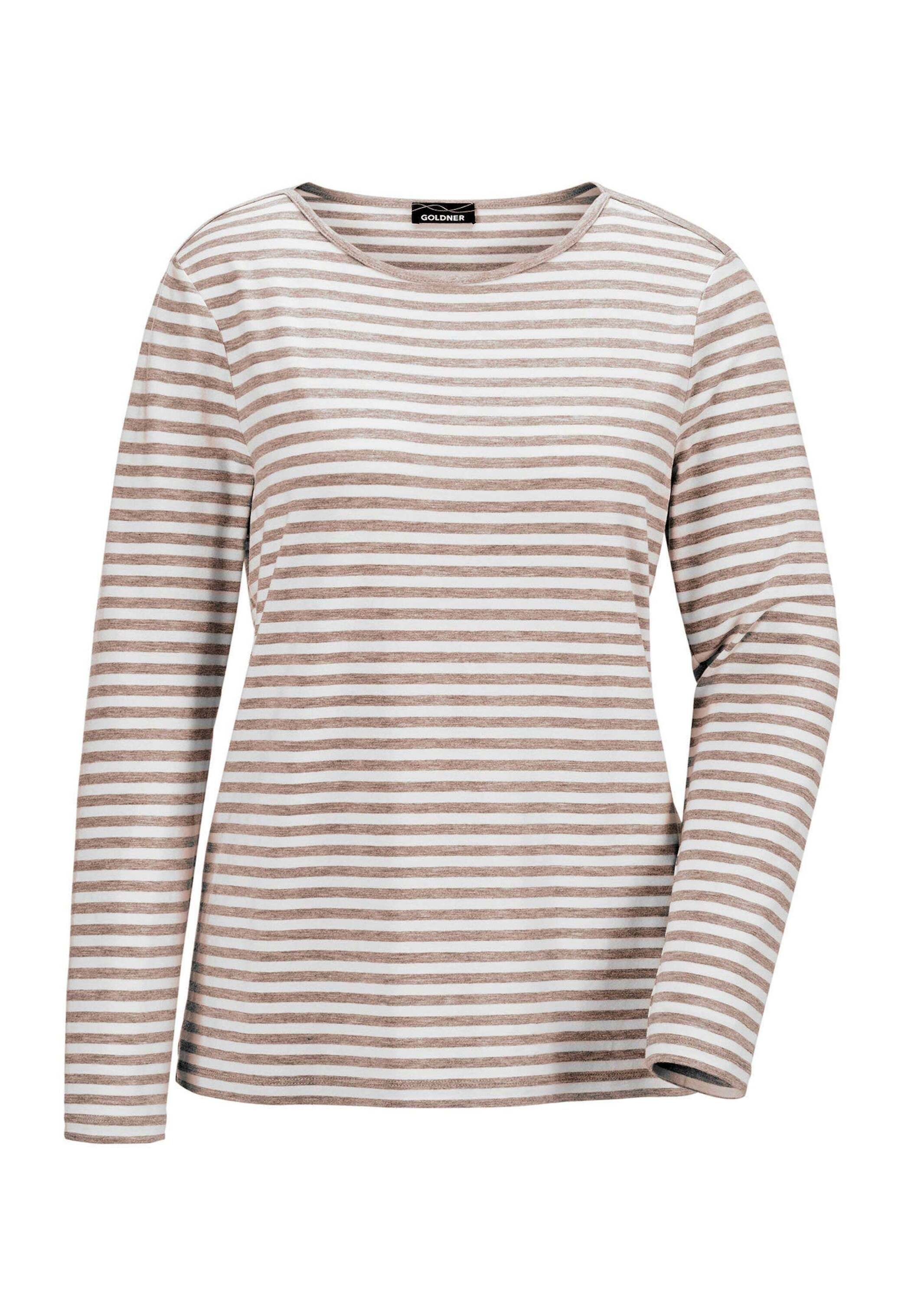 Longpullover GOLDNER "Ringelshirt mit U-Boot-Ausschnitt", Damen, Gr. 48, beige (taupe, cremeweiß, geringelt), Obermaterial: 92% Viskose CV. 8% Elasthan EL., Sonstiges, Pullover Longpullover, Ohne