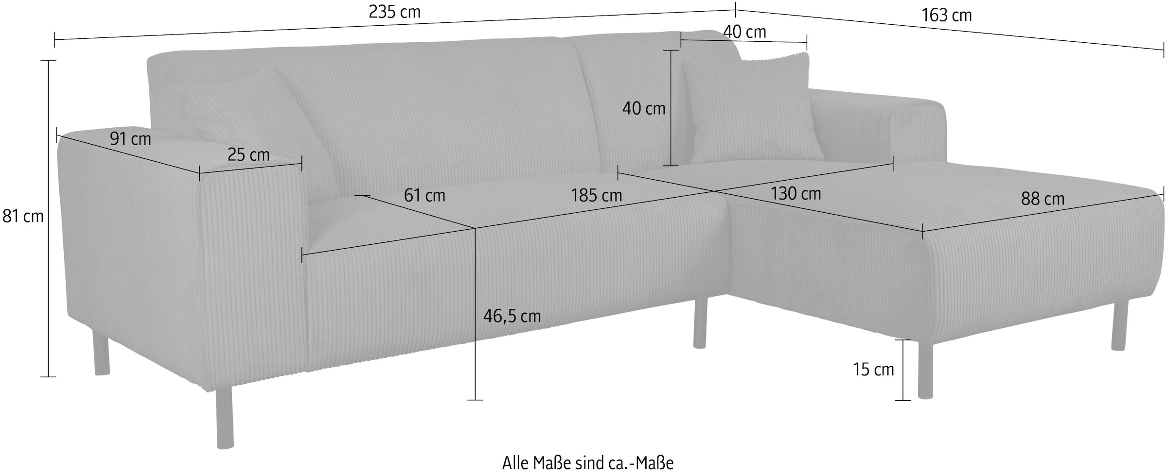 Home affaire Ecksofa »ARROS L-Form mit Wellenunterfederung, Maße B/T/H: 235/163/81 cm«, incl. Zierkissen, mit Recamiere rechts/links bestellbar, auch in Cord