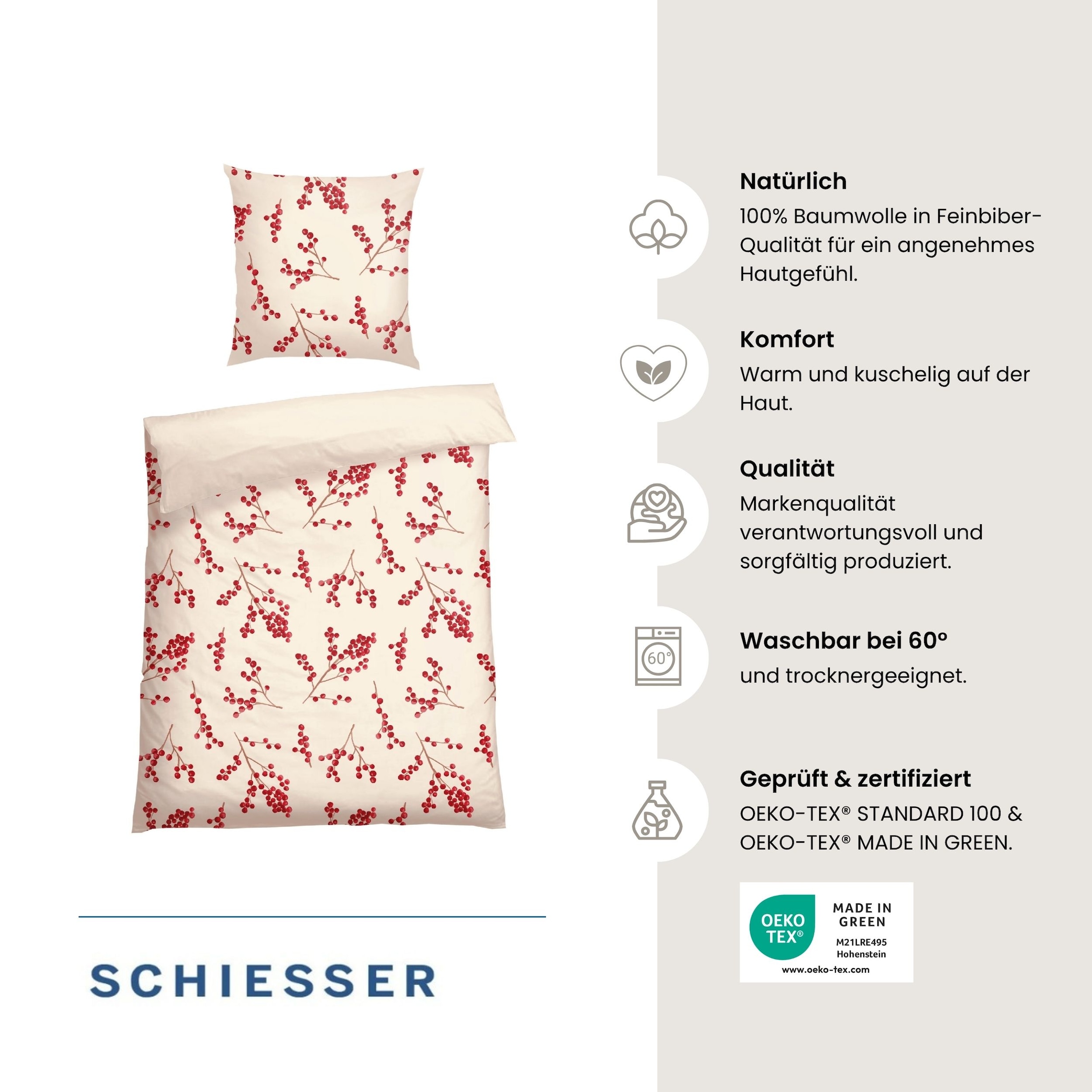 Schiesser Wendebettwäsche »Rowan aus weicher Baumwolle in wunderschönem Beerenprint« 2 Stk. OEKO-TEX® MADE IN GREEN