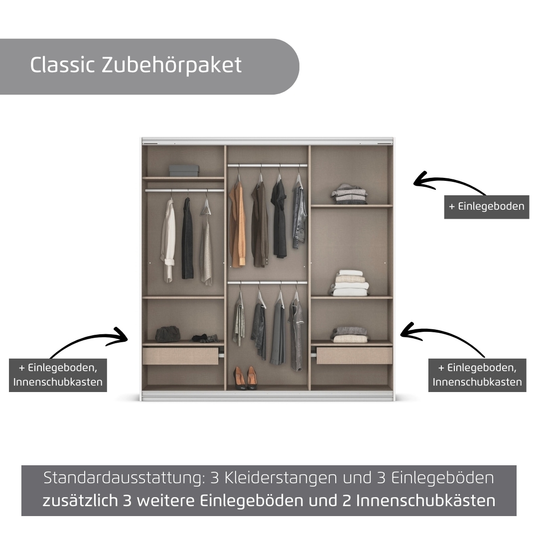 rauch Kleiderschrank »Schwebetürenschrank OTTO´s Choice Garderobe Schrank TOP ANGEBOT Avola«, (in 3 verschiedenen Ausstattungen BASIC/CLASSIC/PREMIUM), mit eleganten Zierleisten in Chrom, Schwarz oder Weiß MADE IN GERMANY