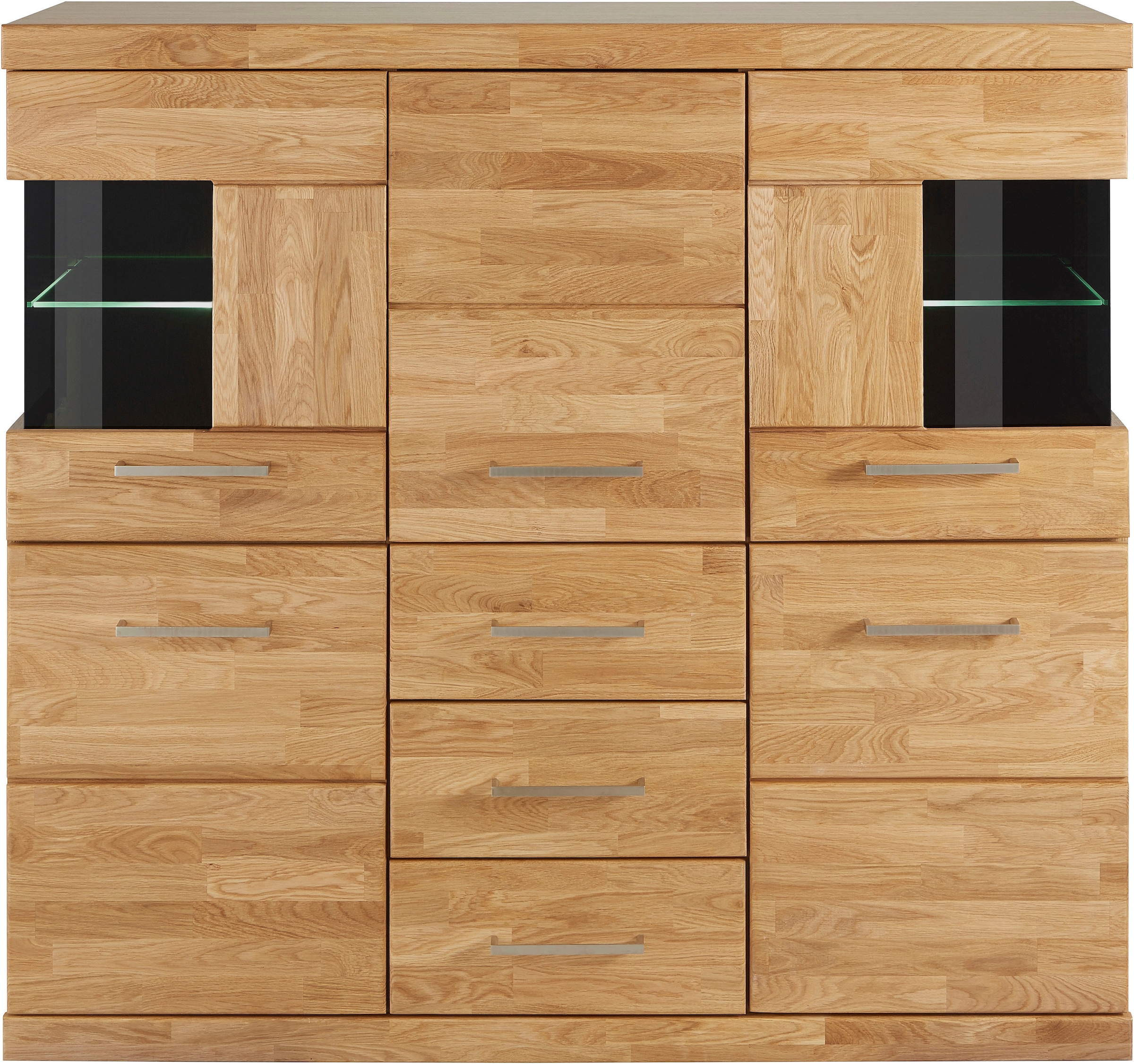 Home affaire Highboard »Ribe,125cm breit,115cm hoch, Fronten Massivholz,5Türen,3 Schubladen«, Holz massiv, Holzwerkstoff, Metall Griffe,10Fächer, Böden versetzbar