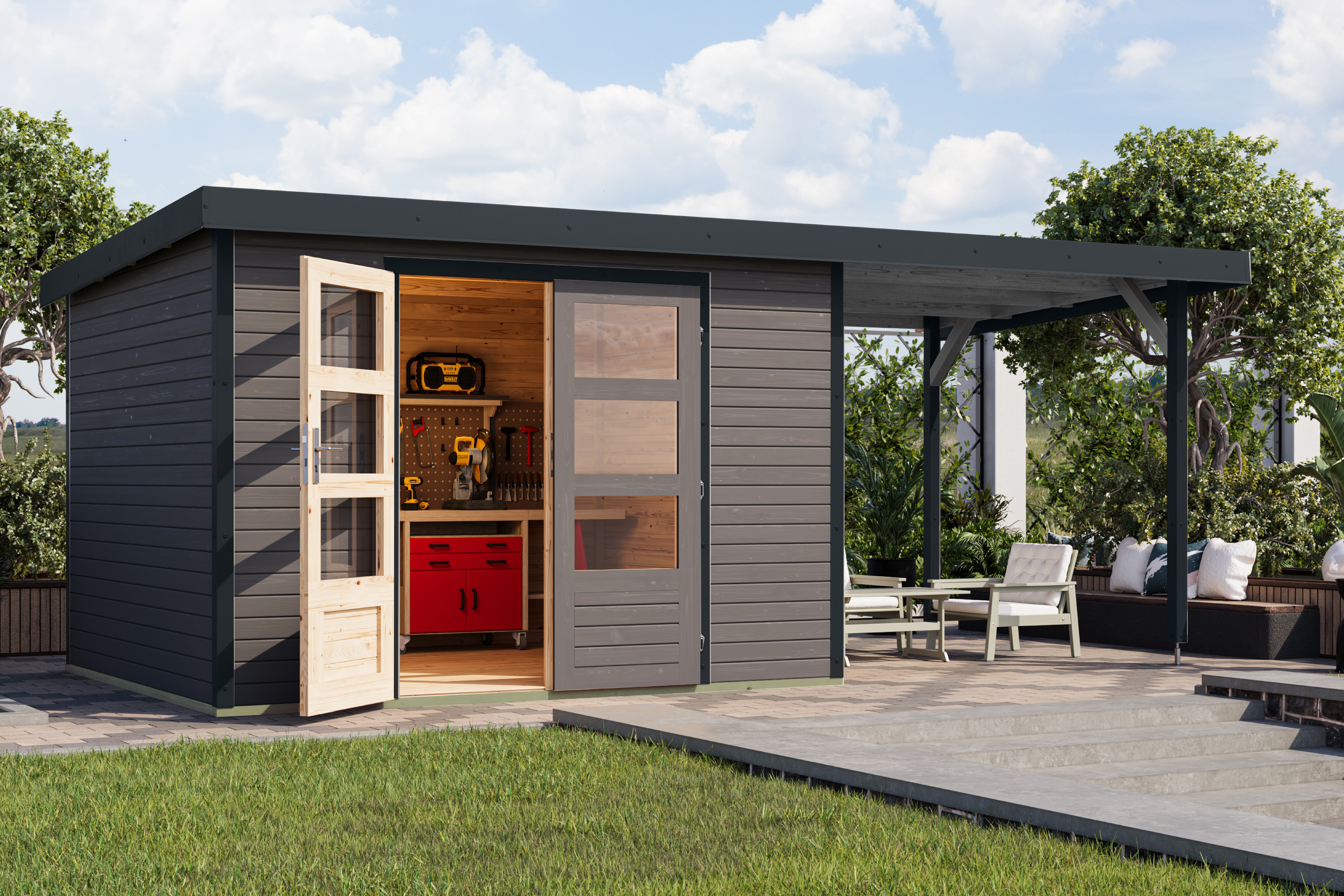 Karibu Gartenhaus "Jupiterino 5 SET, in verschiedenen Farben" inkl. Anbaudach