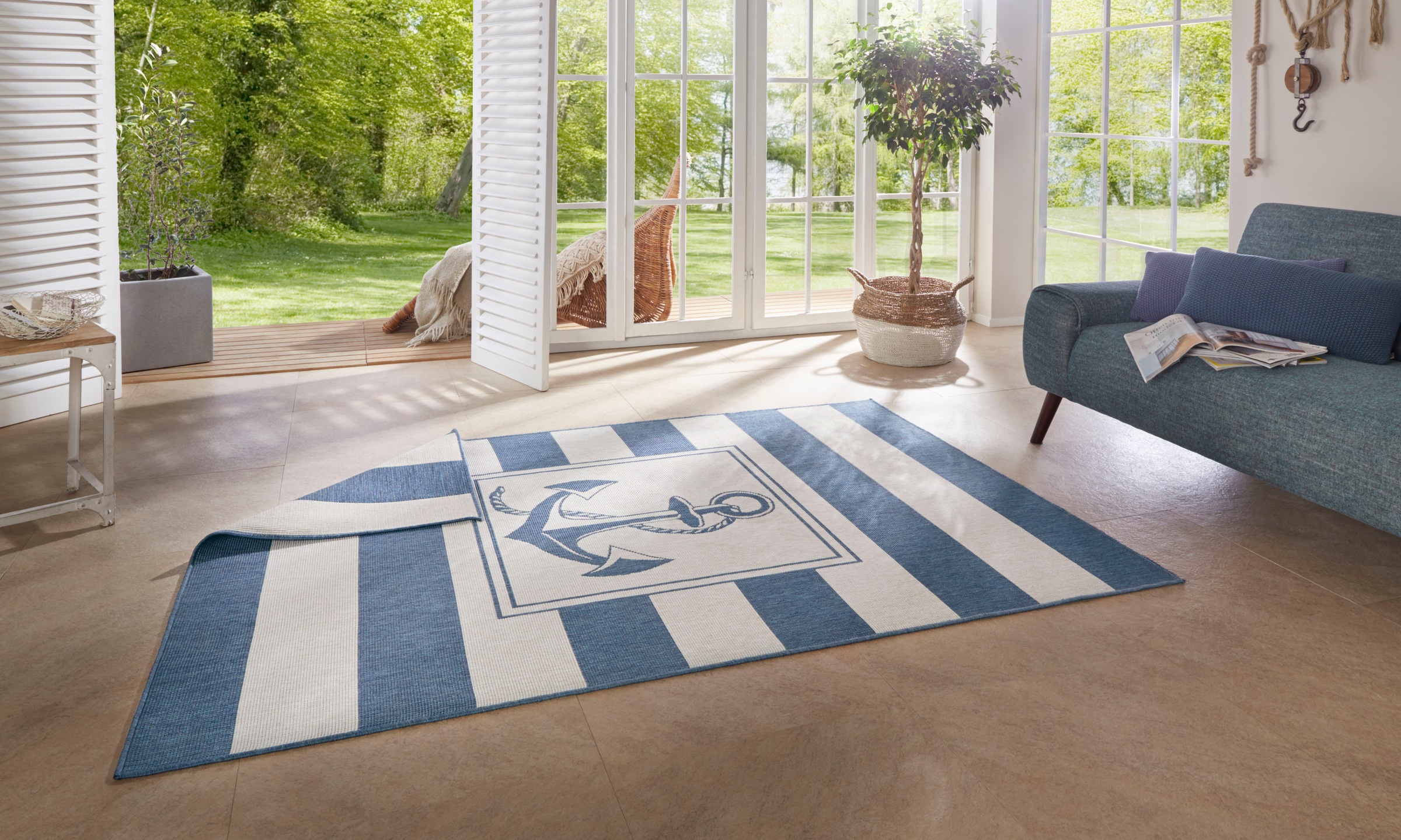 Bougari Teppich Gandara Rechteckig 5 Mm Hohe Wendeteppich Gestreift Motiv Anker Maritim In Und Outdoor Geeignet Wohnzimmer Auf Rechnung Baur