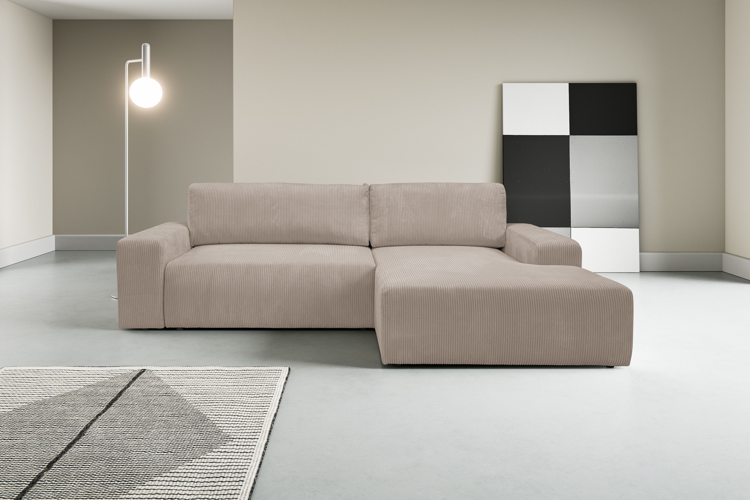 WERK2 Ecksofa "Rotterdam-L 267 x 165 cm modern und bequem" Cord, L-Form, Schlaffunktion, Bettkasten