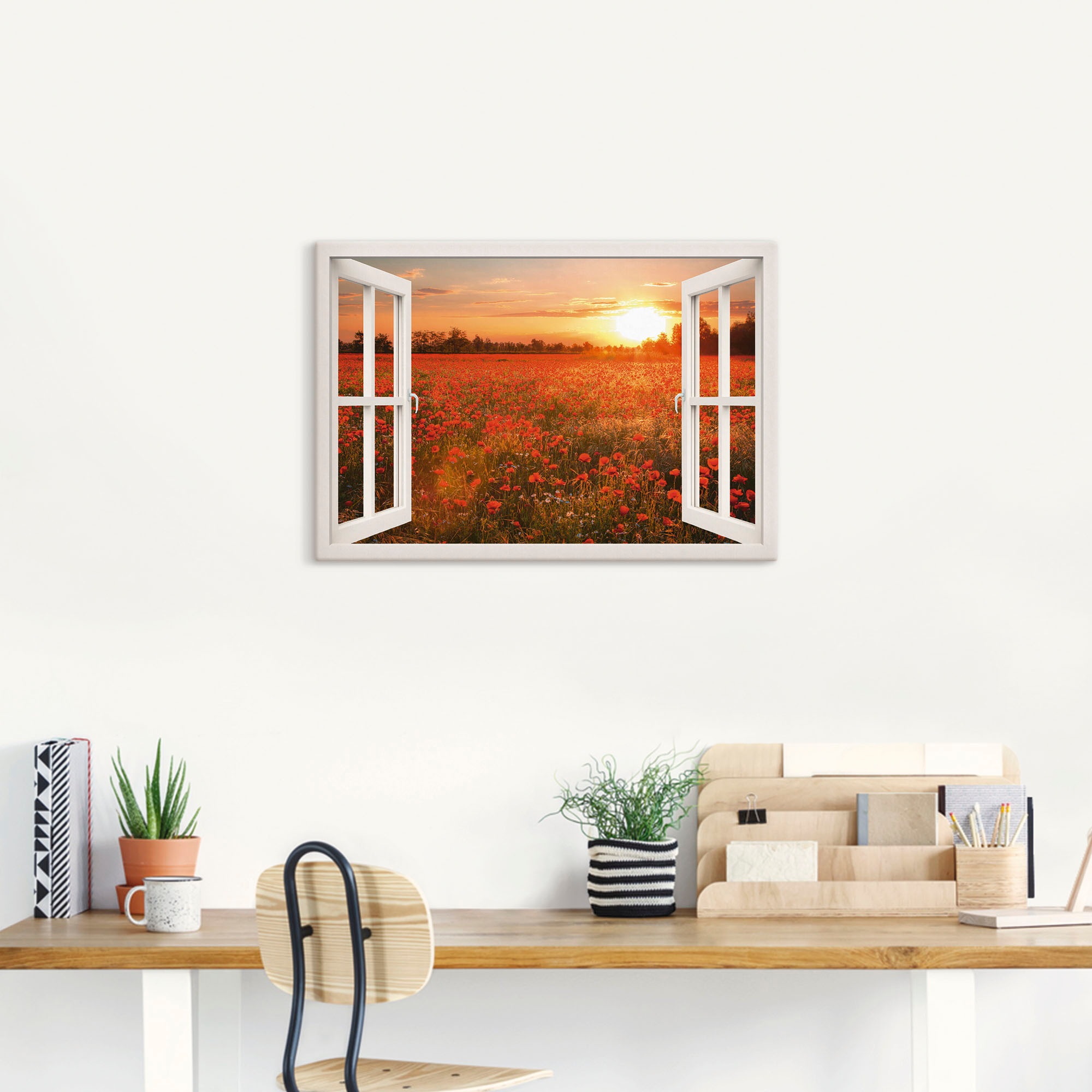 Artland Wandbild "Fensterblick Mohnblumenfeld" Blumen 1 Stk. tlg. als Leinw günstig online kaufen