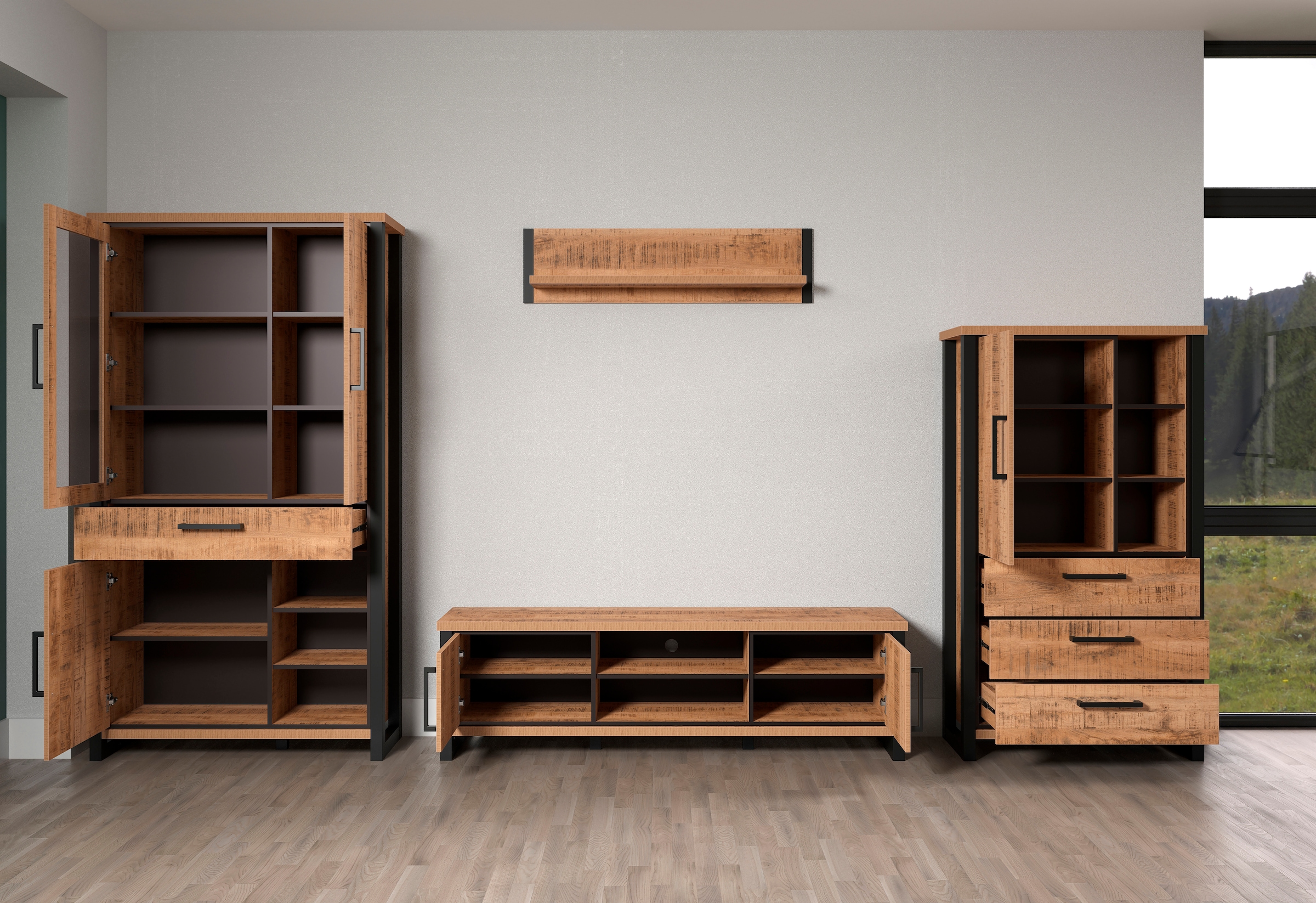 Home affaire Wohnwand »Elda« Komplett-Set, 4 Stk. tlg. Set bestehend aus: TV Lowboard, Vitrine, Wandboard,Highboard