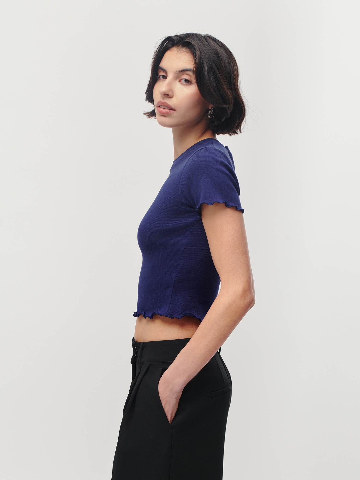 T-Shirt LEGER "Teresa, LeGer by Lena Gercke", Damen, Gr. 38, dunkelblau, Jersey, Obermaterial: 97% Baumwolle, 3% Elasthan, slim fit kurz, Rundhals, gewellter Abschluss, Shirts T-Shirt, mit Rippstruktur, kurze Form, slim fit 3