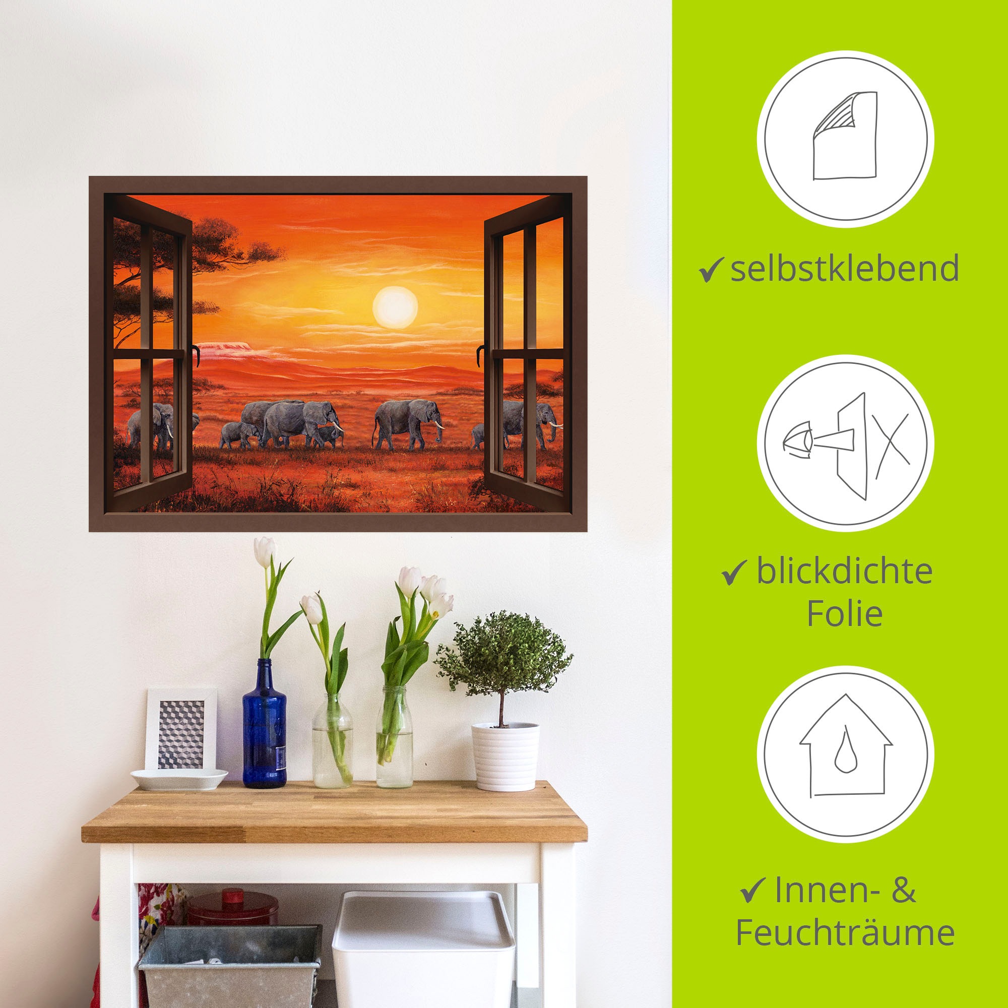 Artland Wandbild »Fensterblick - Elefantenherde«, Fensterblick, (1 St.), als Leinwandbild, Poster, Wandaufkleber in verschied. Größen
