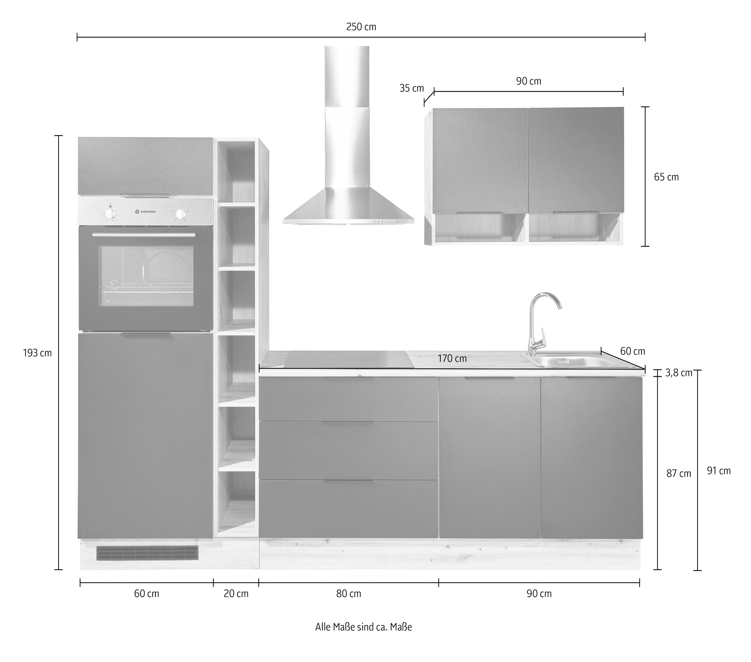 BASIC by Balculina Küchenzeile »Oskar B/H/T 250x211x60 cm« Breite 250cm, wahlweise mit E-Geräte, L/R montierbar