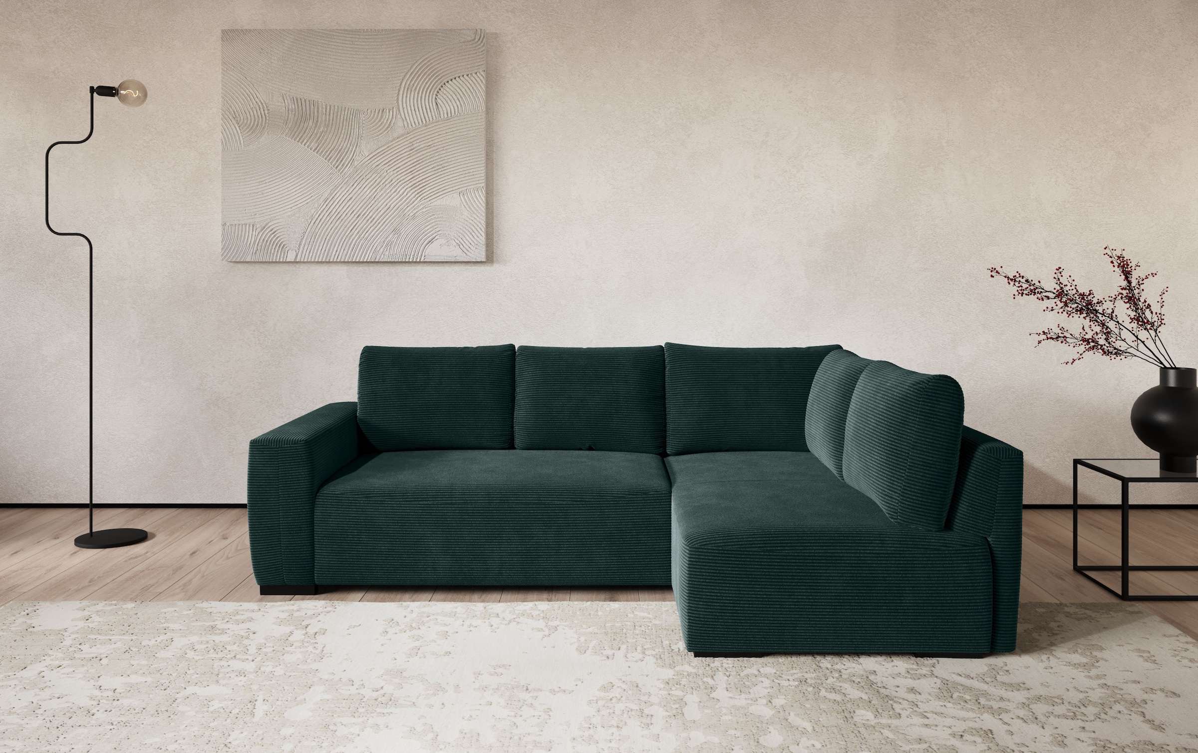 Ecksofa COTTA "Giro L-Form, Ottomane, Breite 252 cm", hunter, B:252cm H:86cm T:170cm, Sofas, Ecksofa, wahlweise mit Bettkasten und Trendbezug CORD