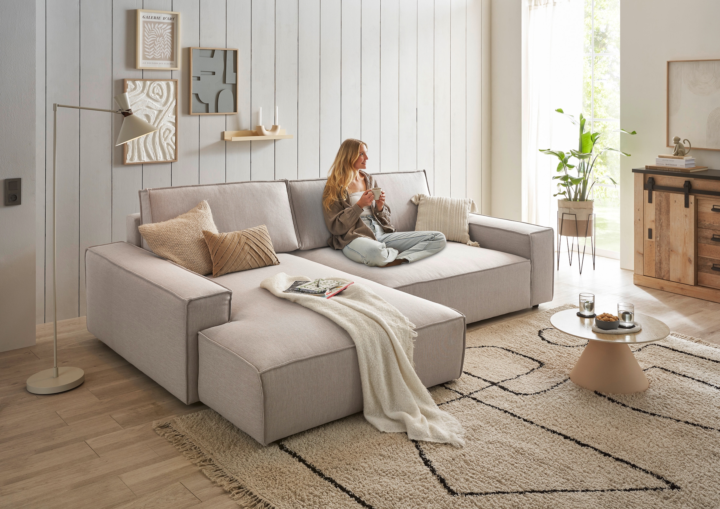 Home affaire Ecksofa »NEU: SHERWOODL XXL 284, Big-Sofa L-Form, tiefe Sitzfläche 95 cm, Cord,«, Leinenoptik, Recamiere rechts/links, auch als Schlafsofa stellbar