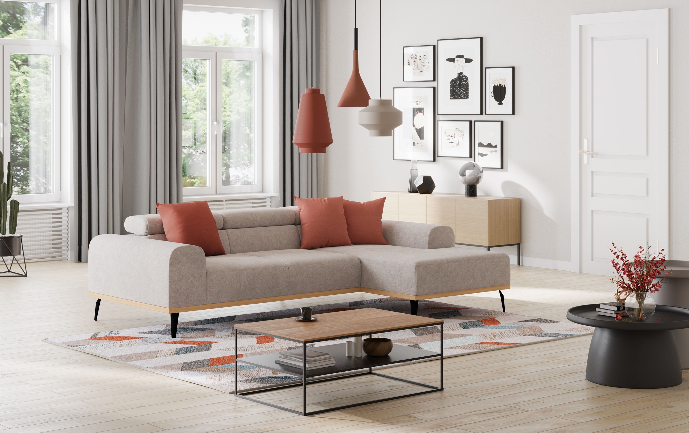 Places of Style Ecksofa »Carlo L-Form«, mit Kopfteilverstellung & Holz-Rahmenoptik, optional Relaxfunktion