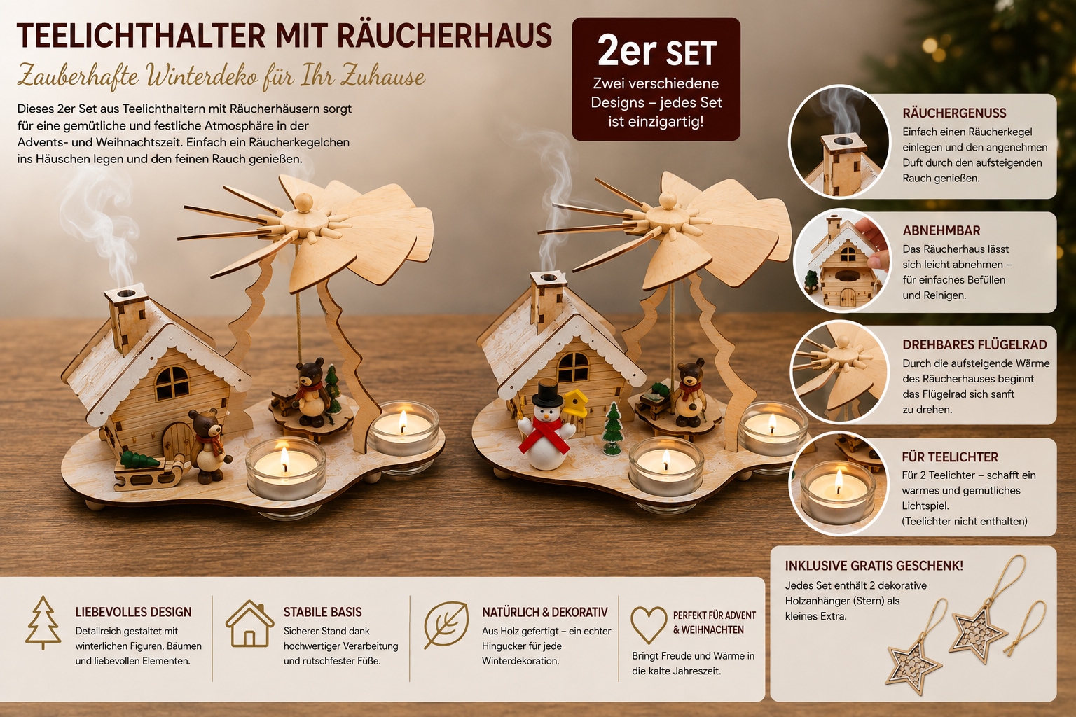 OTTO home Weihnachtsszene »Pyramide und Räucherhaus für Teelichter, 2er-Set« 6-Stunden Timer, gratis Holzanhänger, Höhe 16 cm