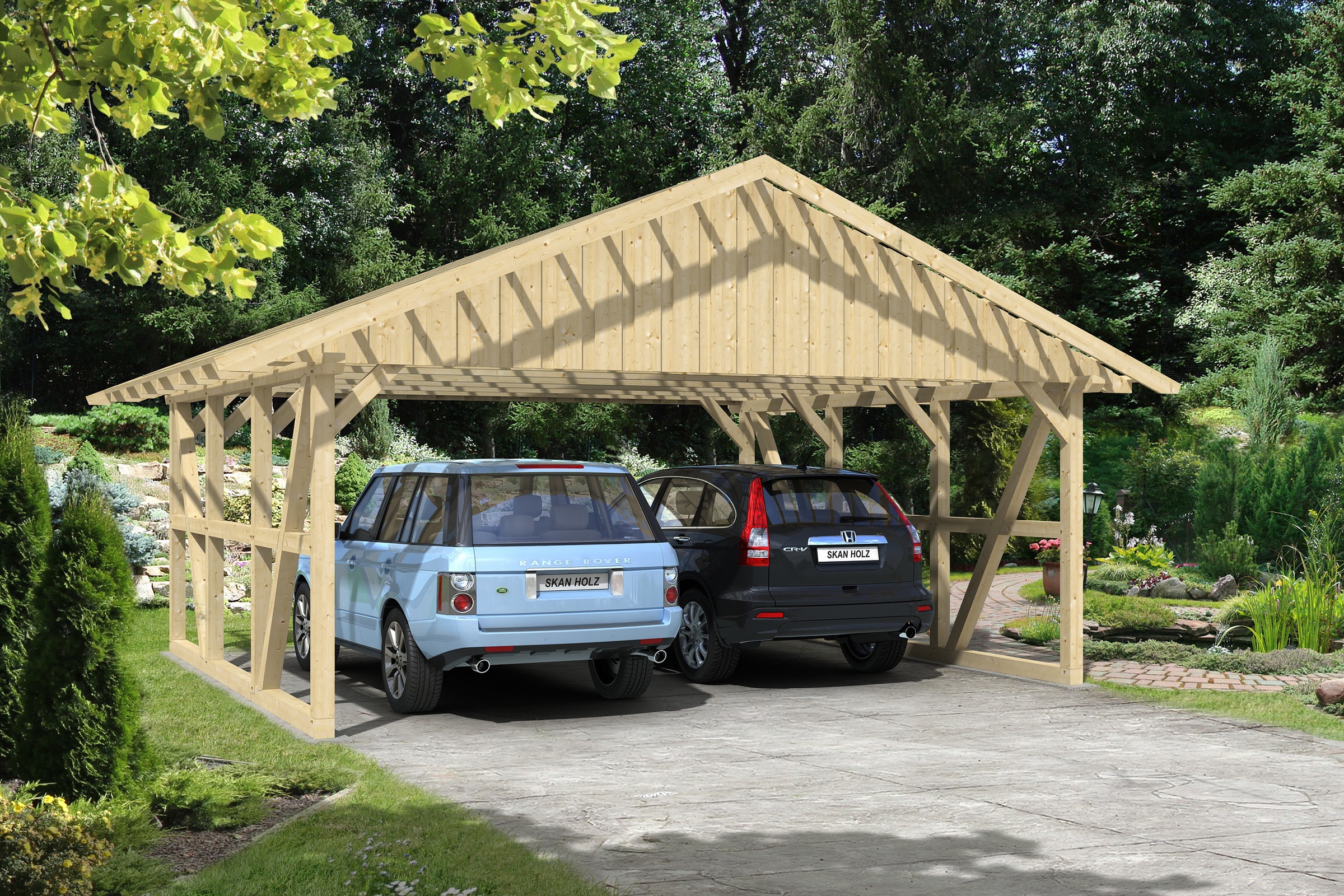 Skanholz Doppelcarport "Schwarzwald" Massivholz 560 cm Natur 684x600cm, mit Dachlattung