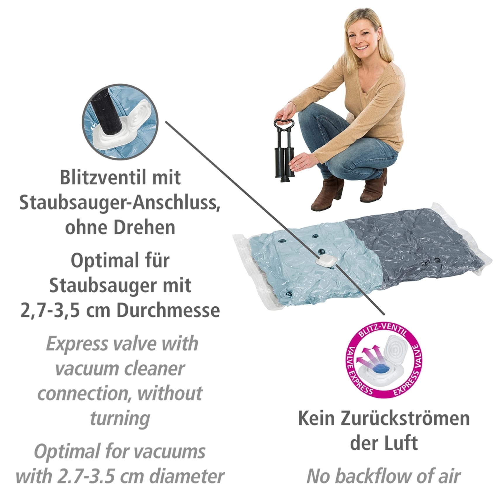 WENKO Vakuumierbeutel »Reise-Set«, (Set, 6 tlg.), Vakuumbeutel für Kleidung zur platzsparenden Aufbewahrung, mit Pumpe