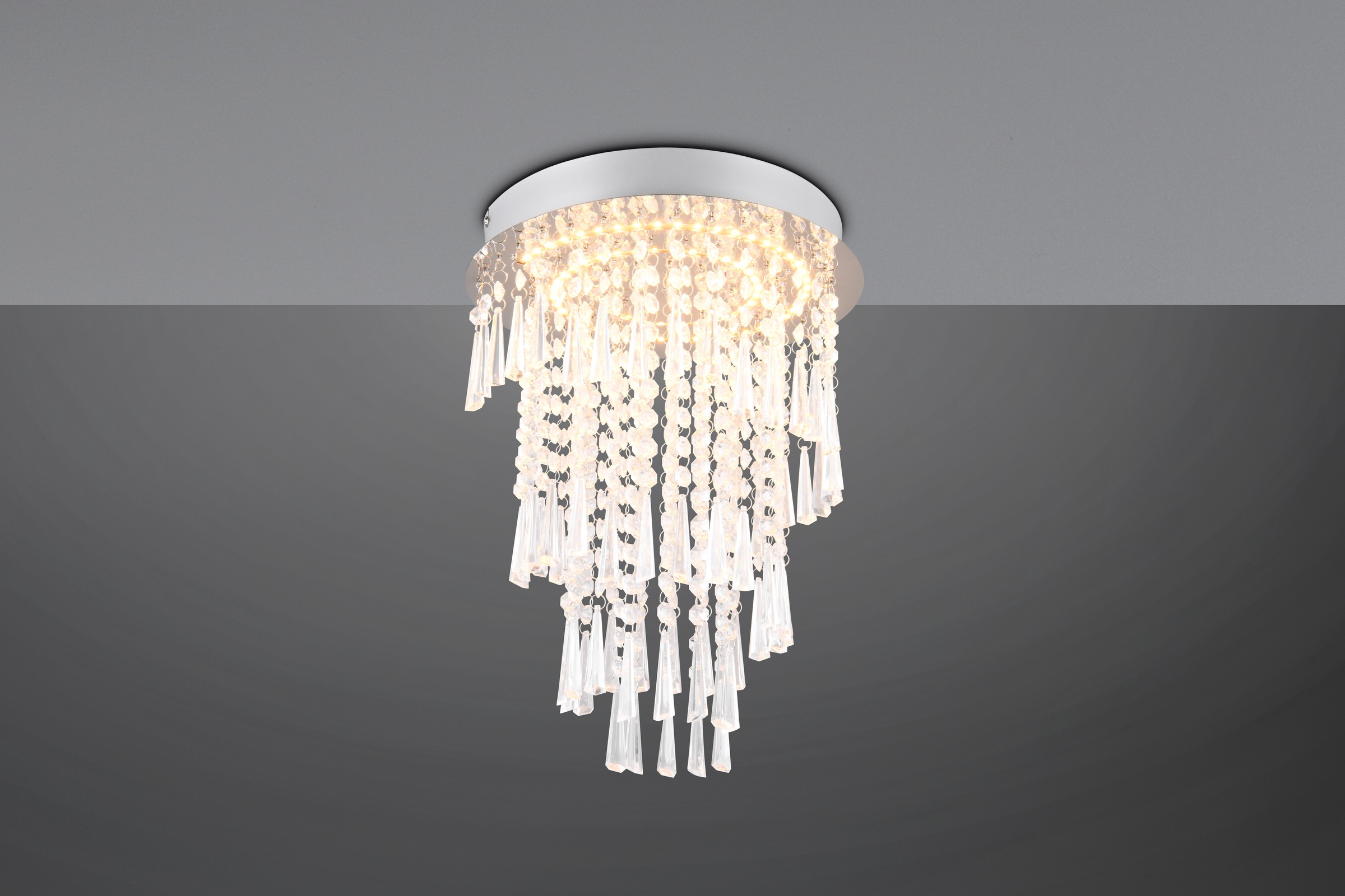 REALITY Leuchten LED Deckenleuchte »POMP, LED Deckenlampe 18W 2400 Lumen CCT 2700-6500K Ø 30cm H.40cm« LED-Board 1 Stk. Farbwechsler | warmweiß - kaltweiß chromfarbige Deckenleuchte mit glitzerndem Acryl Behang, Fernbedienung
