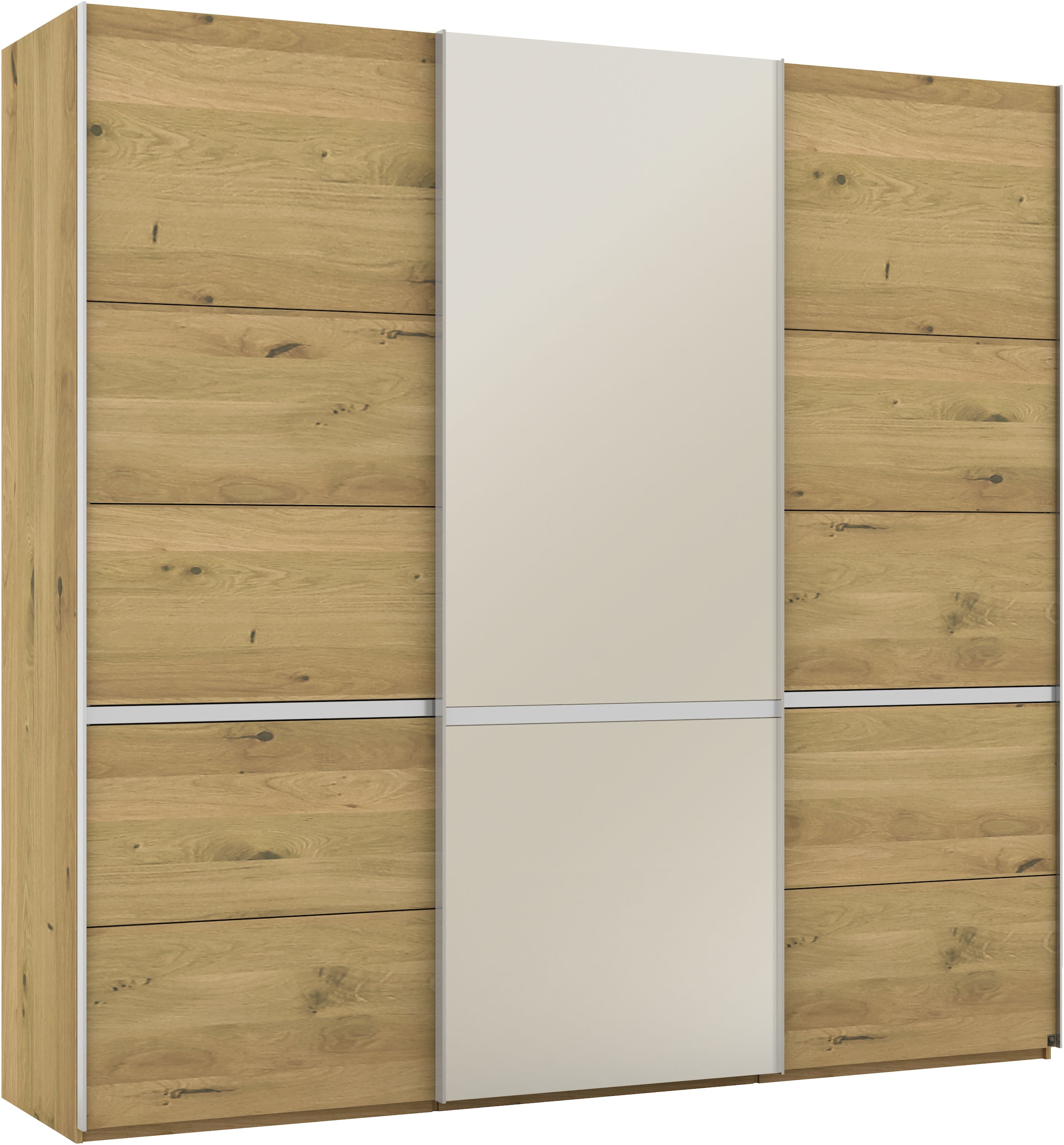 Musterring Schwebetürenschrank »Savona, Kleiderschrank, Schrank, Garderobe, mit Schiebetüren«, (Teilmassiv Bianco-Eiche, mit Spiegel oder Glas, MADE IN GERMANY), Türen Bianco-Eiche massiv, Spiegel-/Glastüren, eingelegte Chromleiste