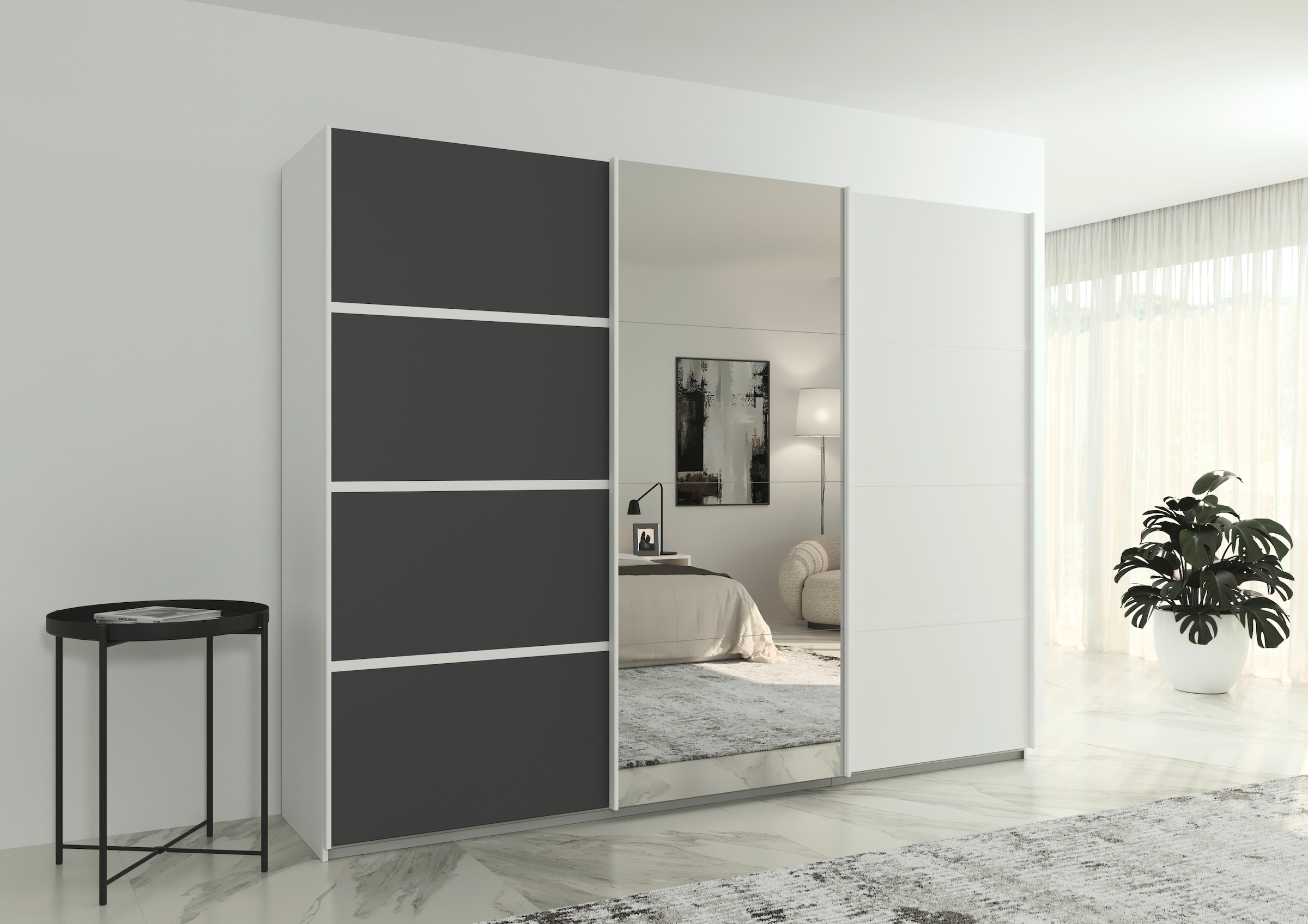rauch Kleiderschrank »Schwebetürenschrank OTTO´s Choice Garderobe Schrank TOP ANGEBOT Avola«, (in 3 verschiedenen Ausstattungen BASIC/CLASSIC/PREMIUM inkl. Spiegel), mit eleganten Zierleisten in Chrom, Schwarz oder Weiß MADE IN GERMANY