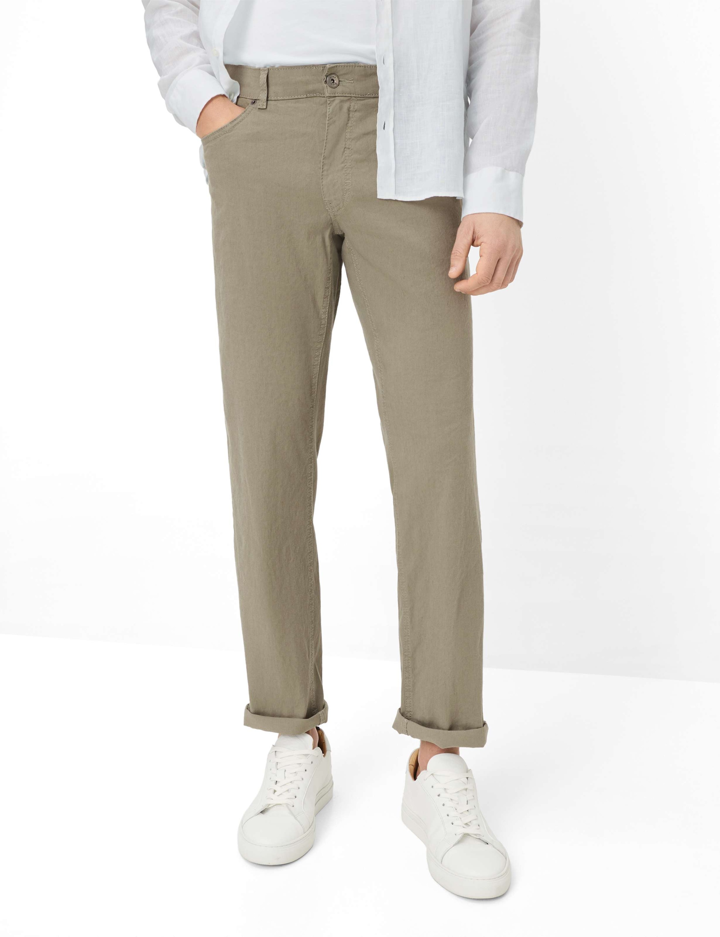 Chinohose BRAX "Style COOPER", Herren, Gr. 35, Länge 32, khaki, Web, 67% Leinen, 30% Baumwolle, 3% Elasthan, Hosen Chinohose