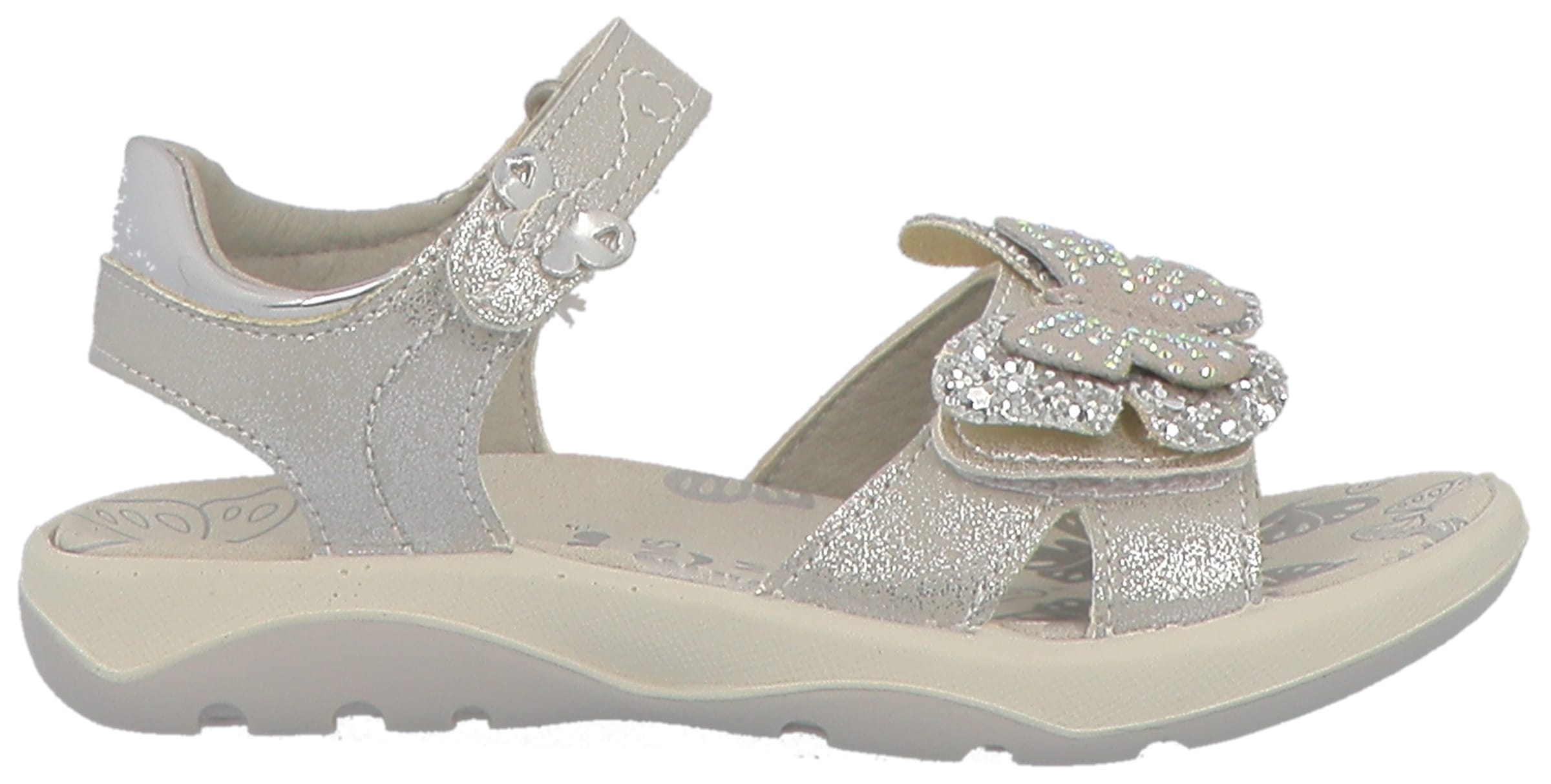 Sandale LURCHI "Farfalla", Mädchen, Gr. 26, silber (silberfarben), Lederimitat, Glitzer, glänzend, festlich, Schuhe Sandale, Klettschuh mit Strasssteinen, Größenschablone zum Download