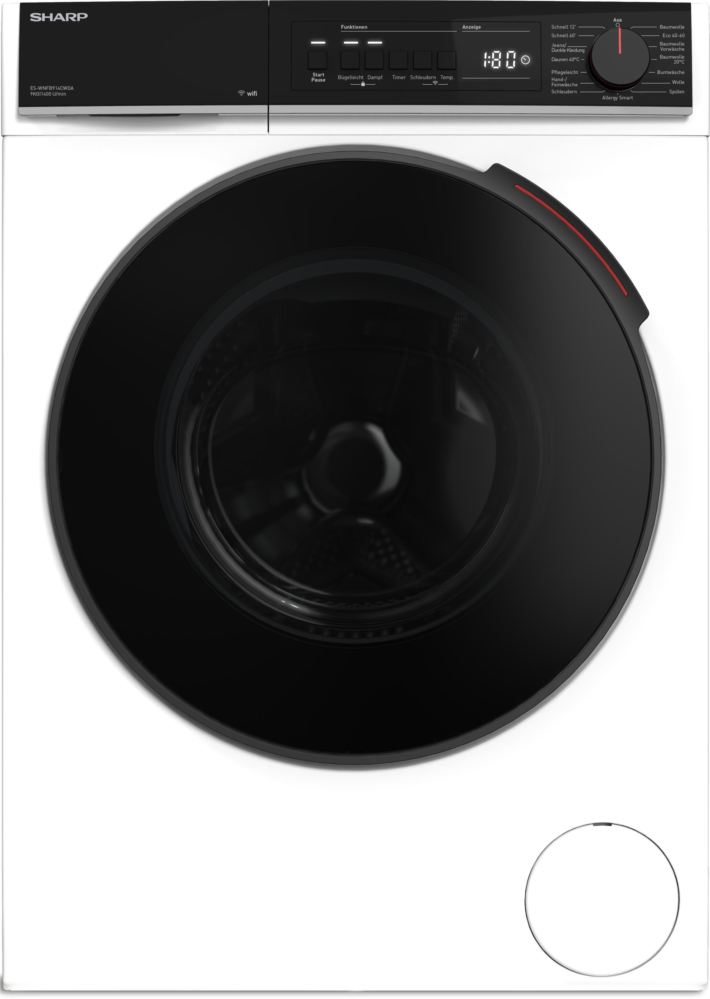 Thumbnail - Sharp Waschmaschine Mid Class "ES-WNFB914CWDA-DE" 9 kg 1400 U/min 9kg / +WIFI / A-20% / black Doorring+knob/Steam/White