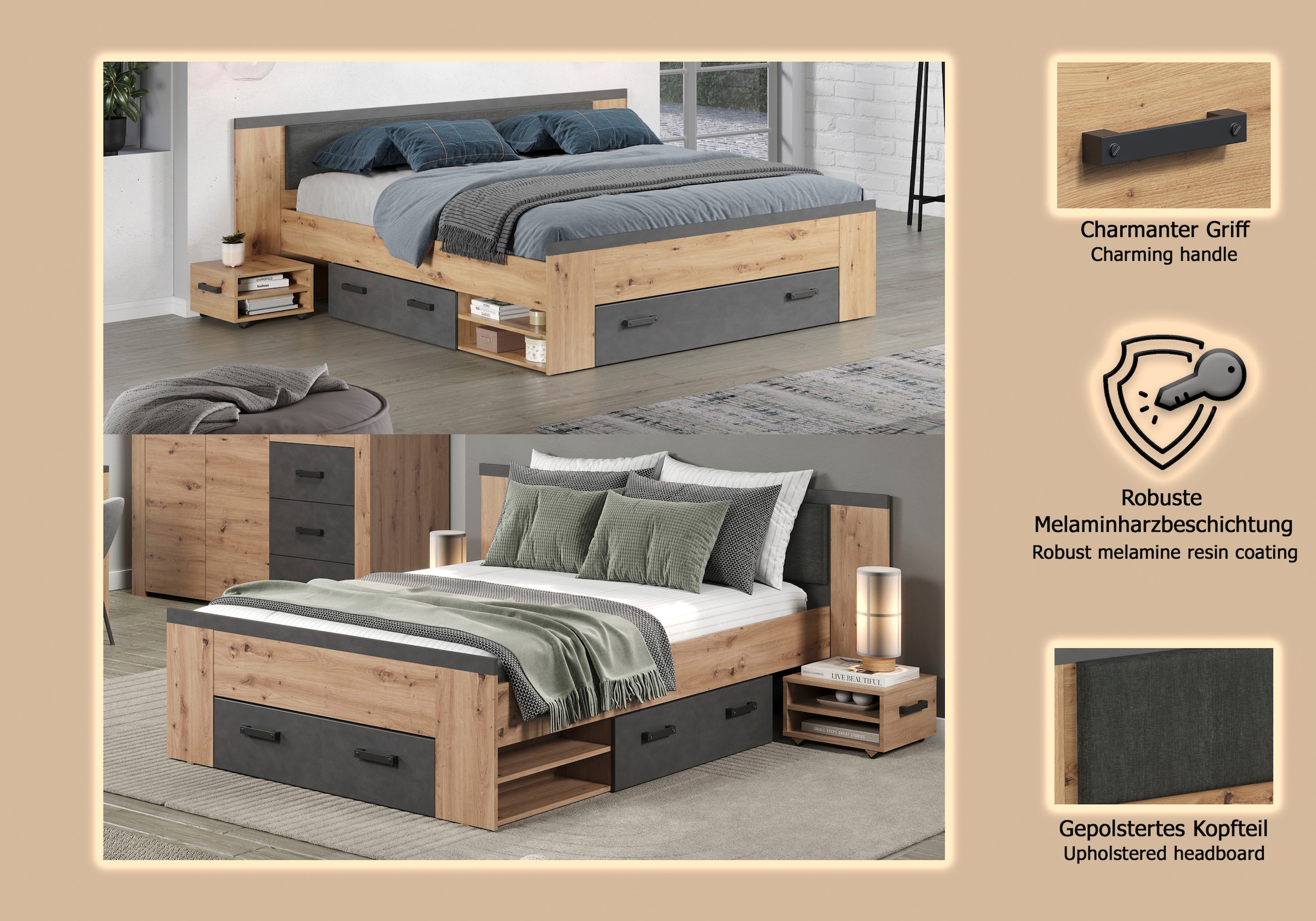 Home affaire Stauraumbett »Ambres« 1 Stk. tlg. ausziehbare Bettkästen, Fächer mit Stauraum, braun, Eiche