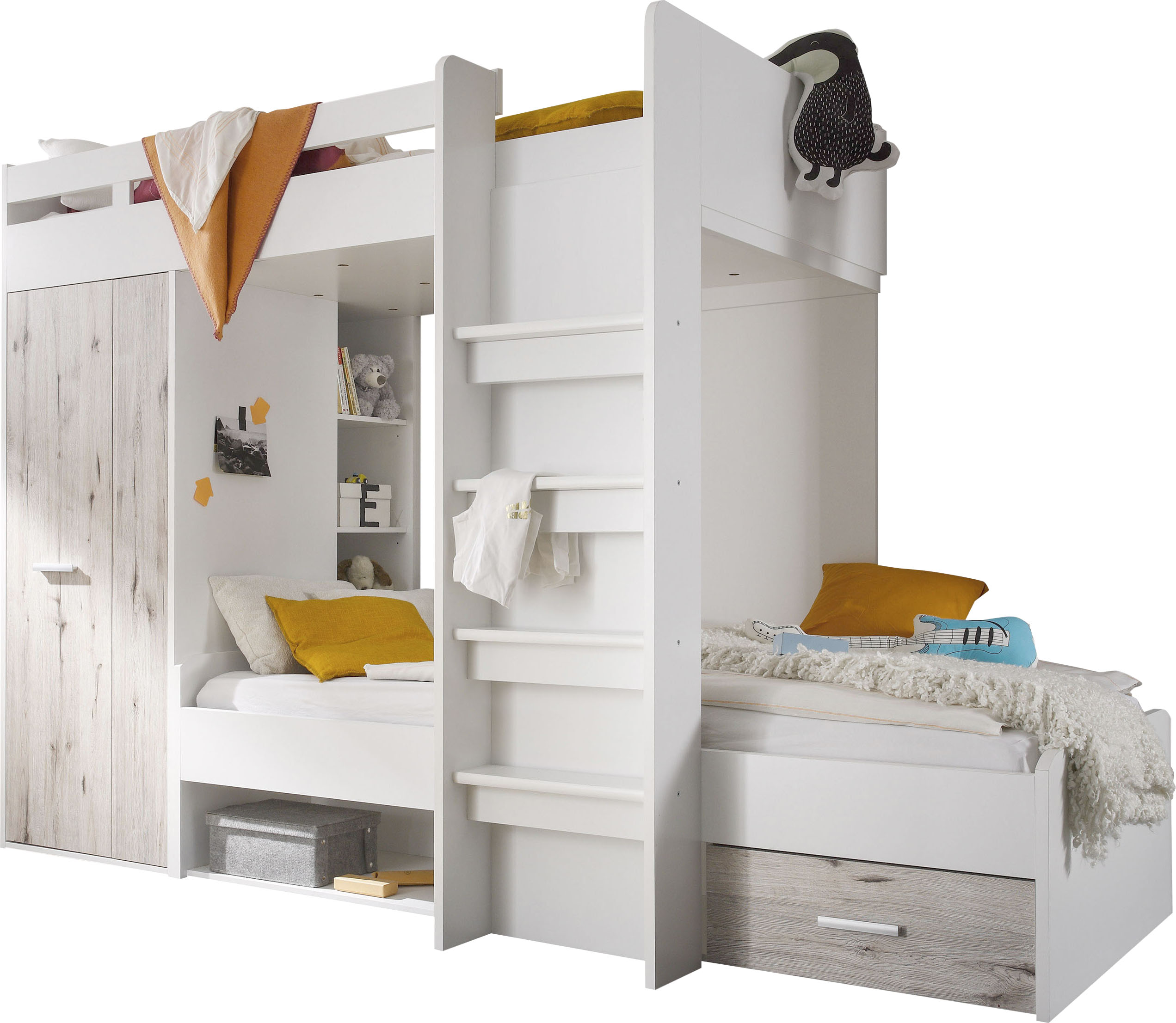 Hochbett »MAXI«, mit 2 Liegeflächen, Kleiderschrank und Regalen